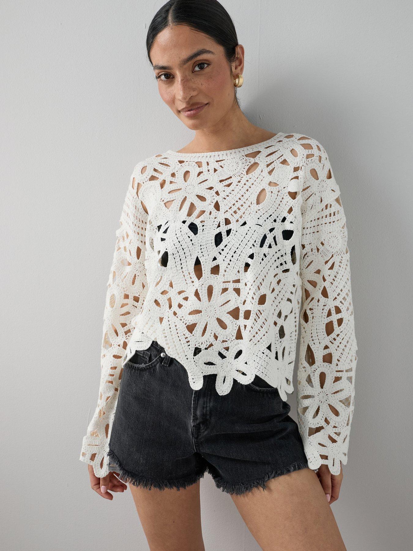 Image 1 of 7 of The Very Collection Cotton Rich Long Sleeve Crochet Knitted Top - Cream