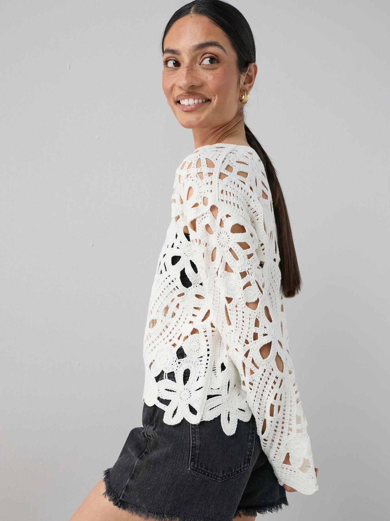 Image 2 of 7 of The Very Collection Cotton Rich Long Sleeve Crochet Knitted Top - Cream