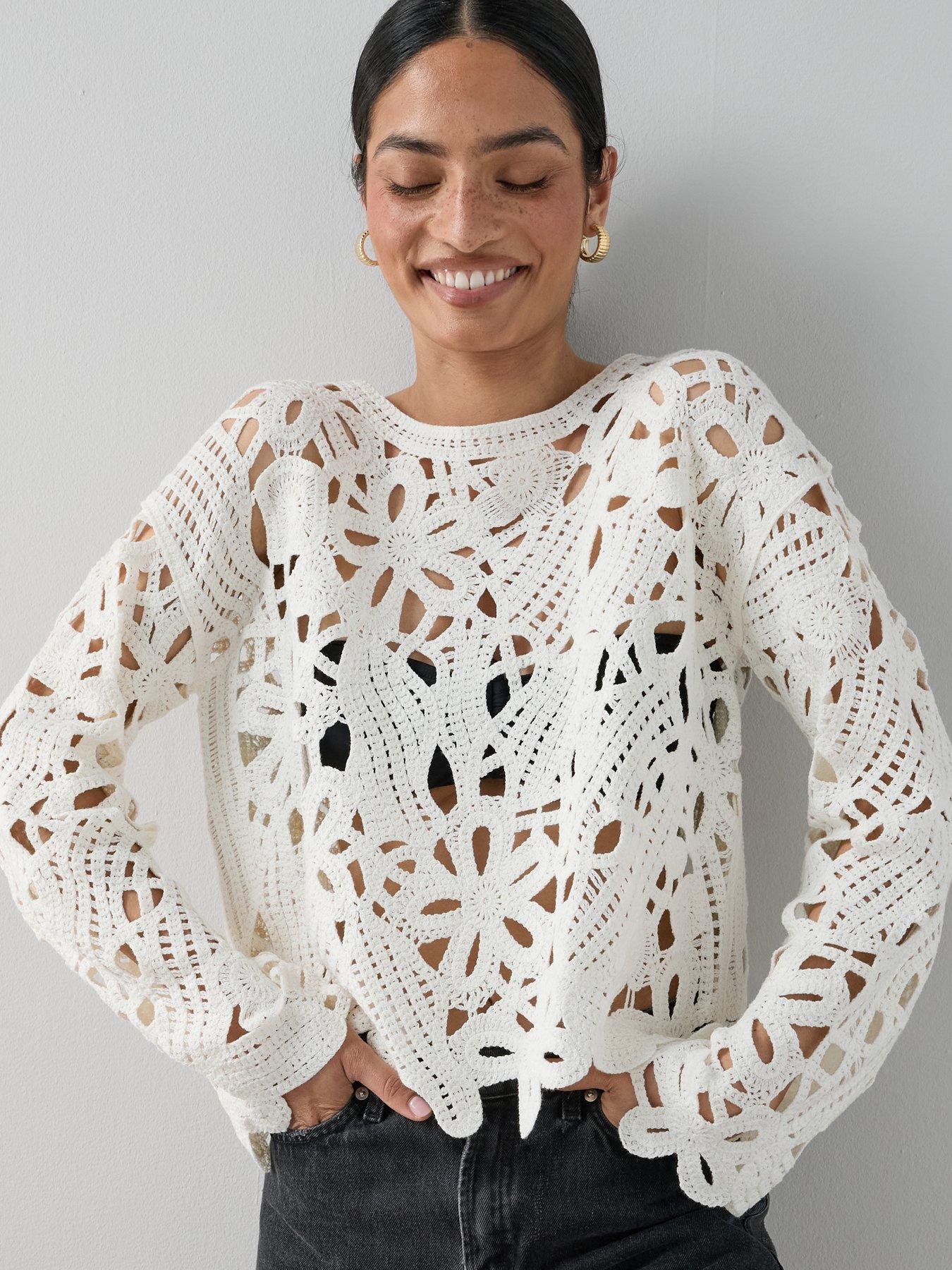 Image 4 of 7 of The Very Collection Cotton Rich Long Sleeve Crochet Knitted Top - Cream
