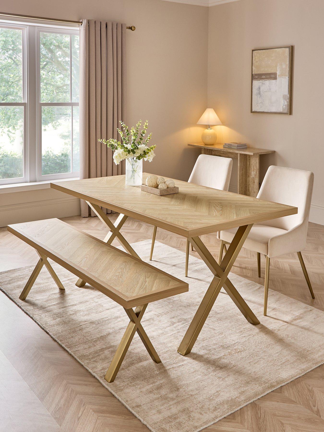 The Very Collection Kaia Chevron 160cm Dining Bench Set With Brass Legs, 1 Bench And 2 Nala Chairs