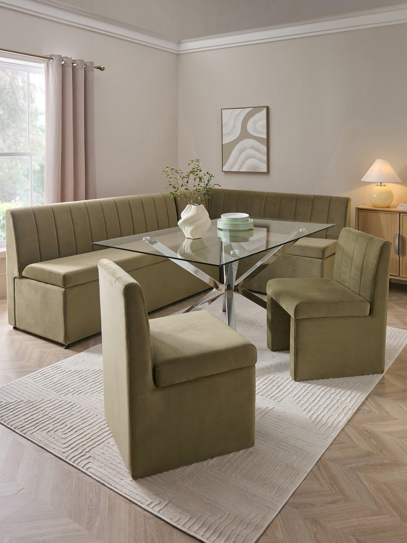 The Very Collection Sander Corner Storage Booth with Chopstick 160 cm Chrome Rectangular Dining Table and 2 Sander Chairs - Moss Green/Chrome