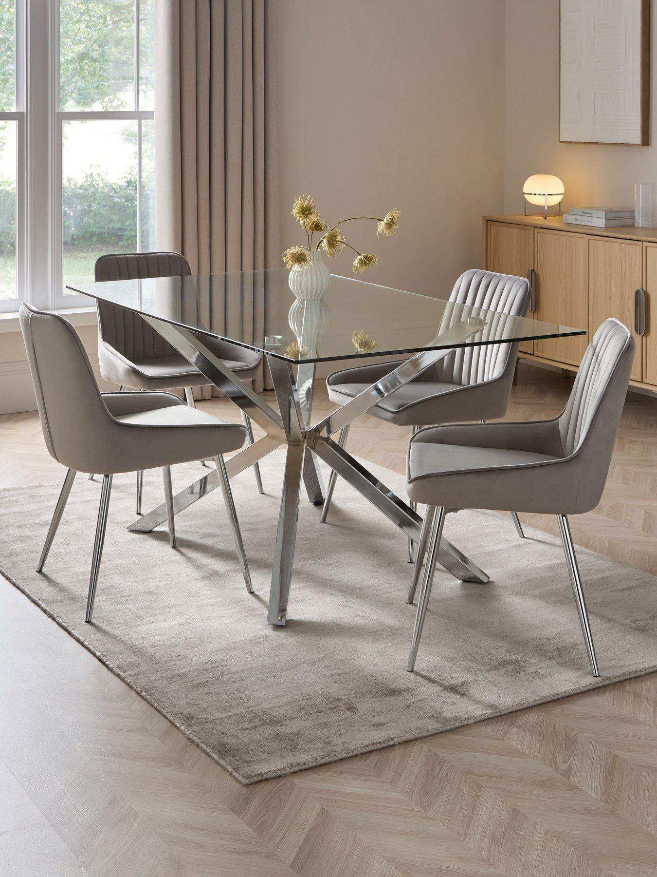 The Very Collection Chopstick Chrome 160 cm Rectangular Dining Table + 4 Alisha Grey/Chrome Chairs