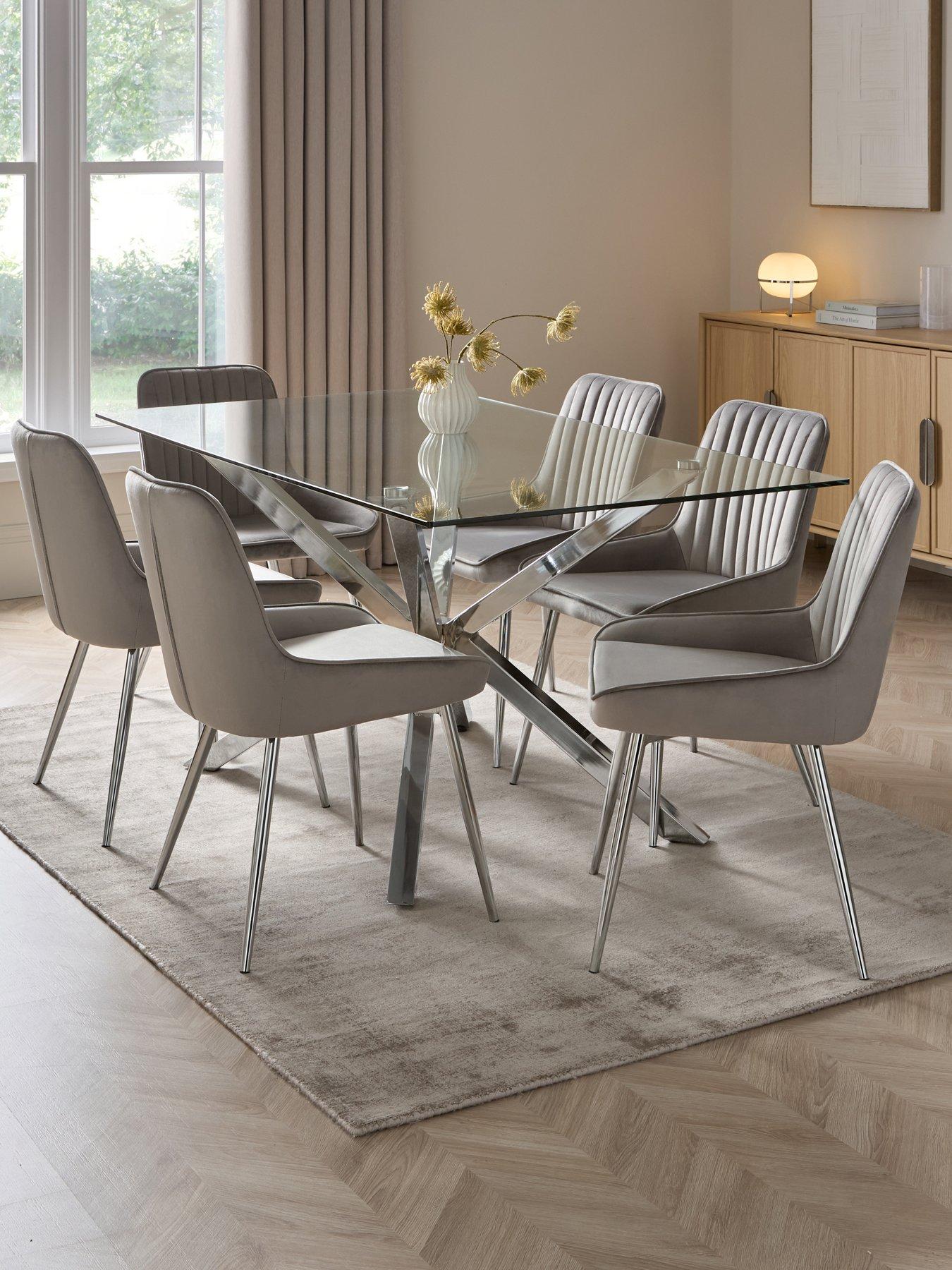 The Very Collection Chopstick Chrome 160 cm Rectangular Glass Top Dining Table + 6 Alisha Grey/Chrome Chairs