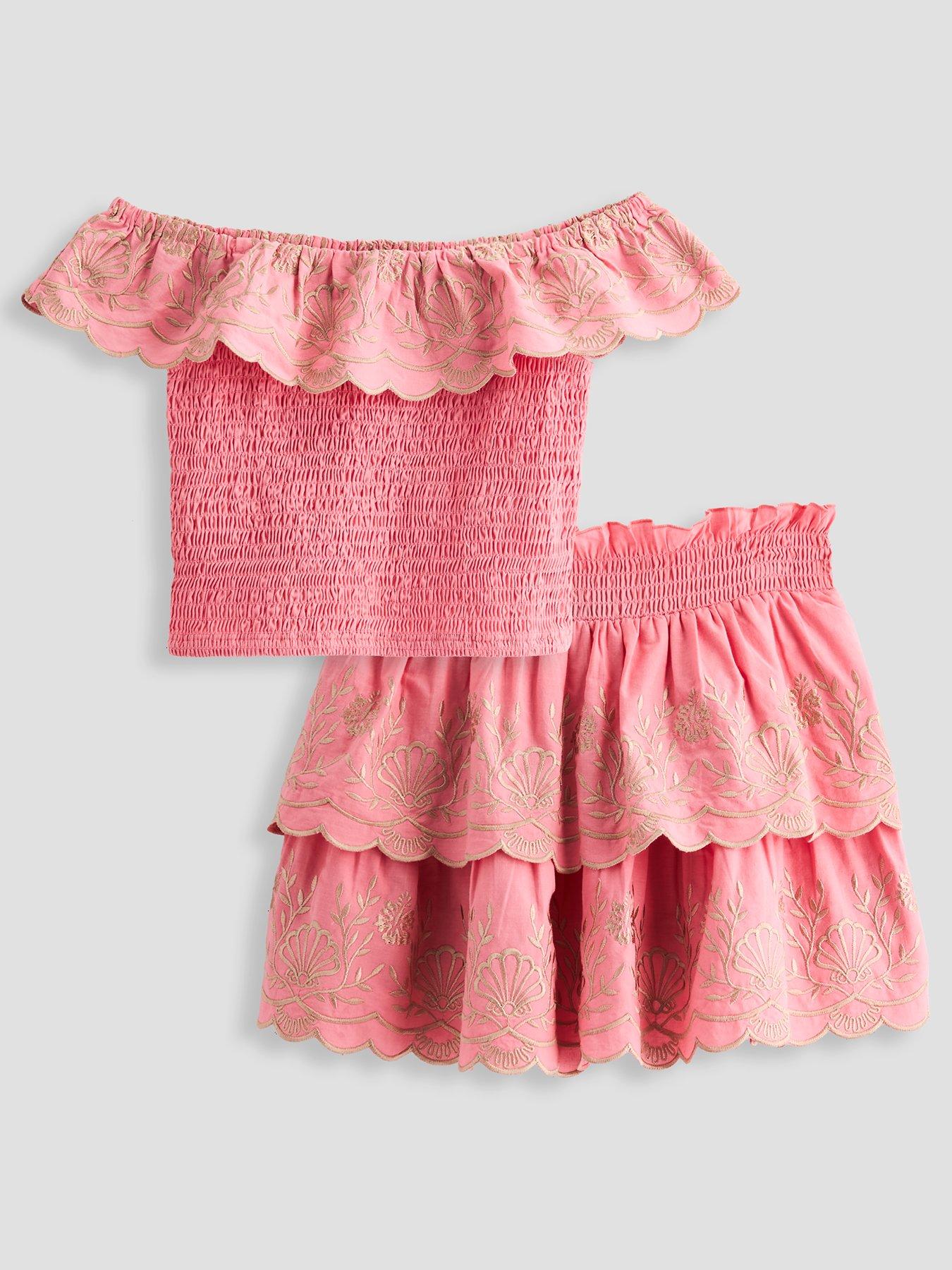 The Very Collection Girls Shirred Frill Top With Skirt Set - Pink