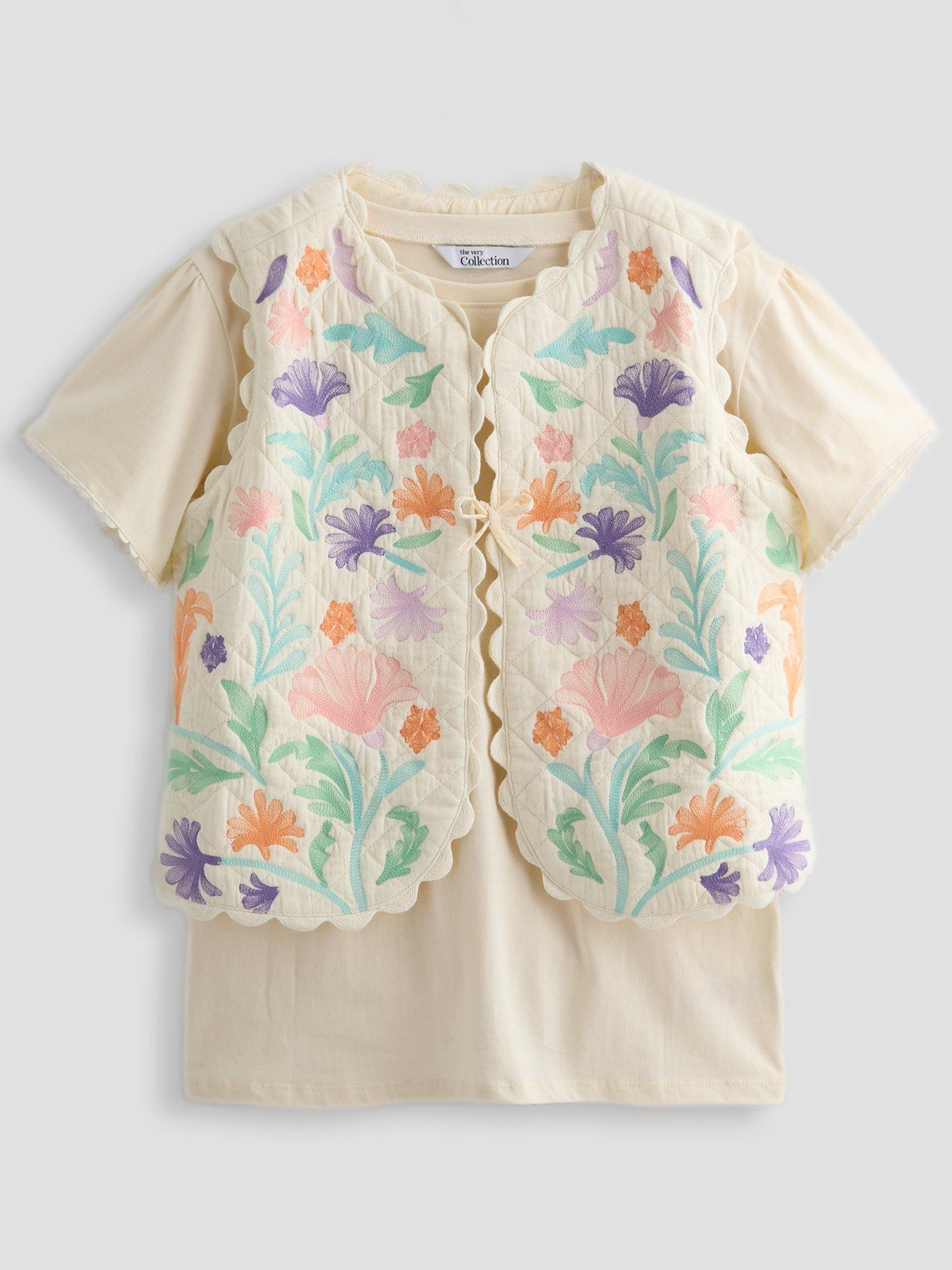The Very Collection Girls Embroidered T-Shirt  &  Embroidered Waistcoat Set - Off White