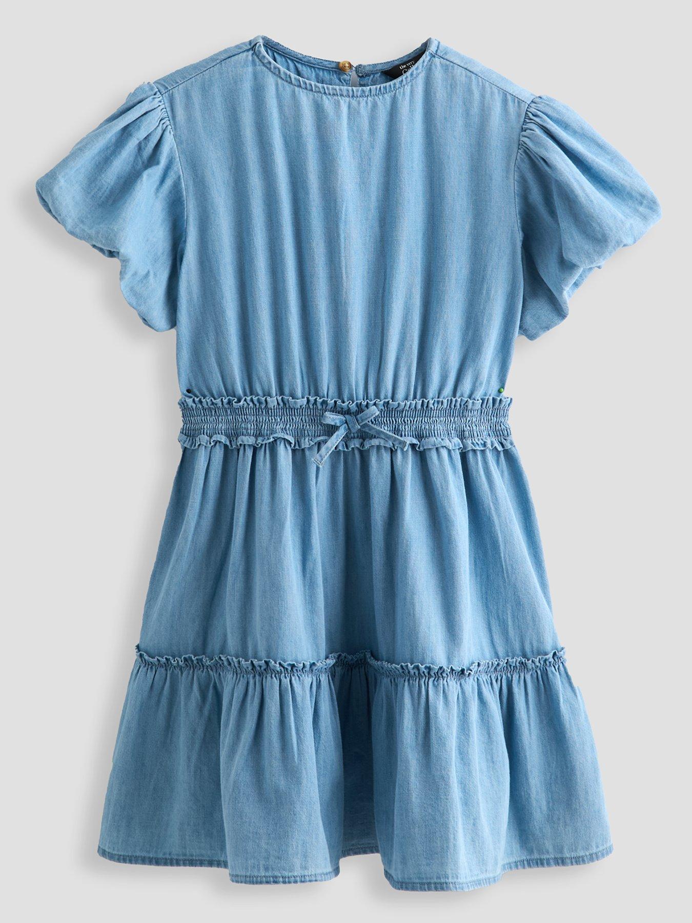The Very Collection Girls Chambray Puff Sleeve Dress - Blue