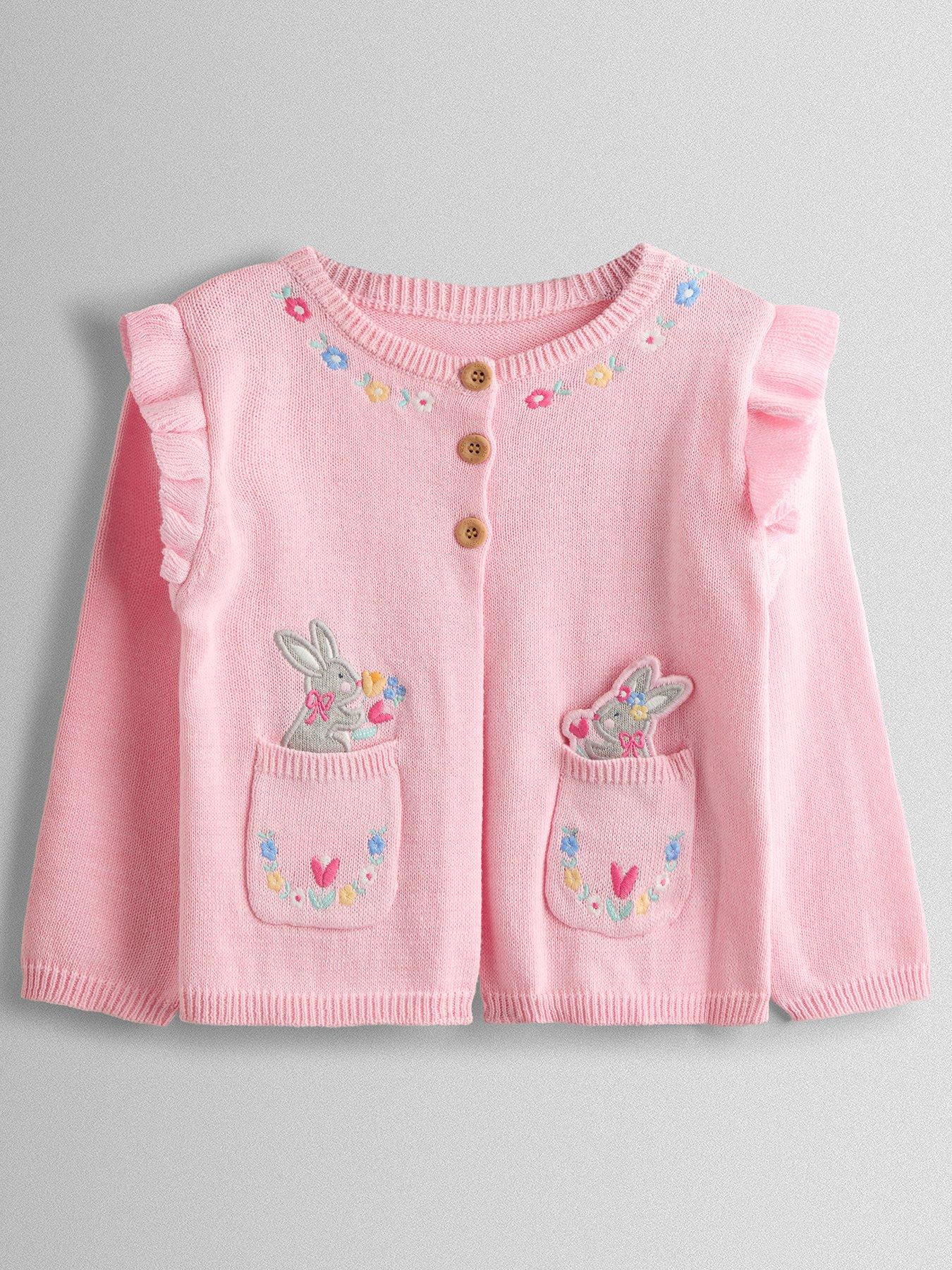 JoJo Maman Bebe Toddler Girls Bunny Pet-In-Pocket Embroidered Frill Cardigan - Light Pink