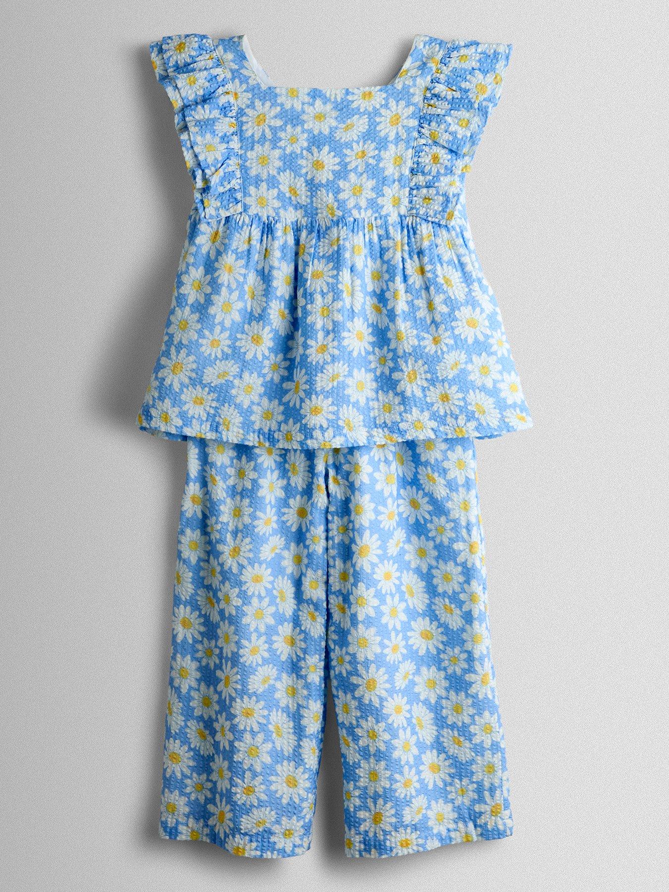 JoJo Maman Bebe Toddler Girls Daisy Ruffle Front Top And Trouser Set - Blue