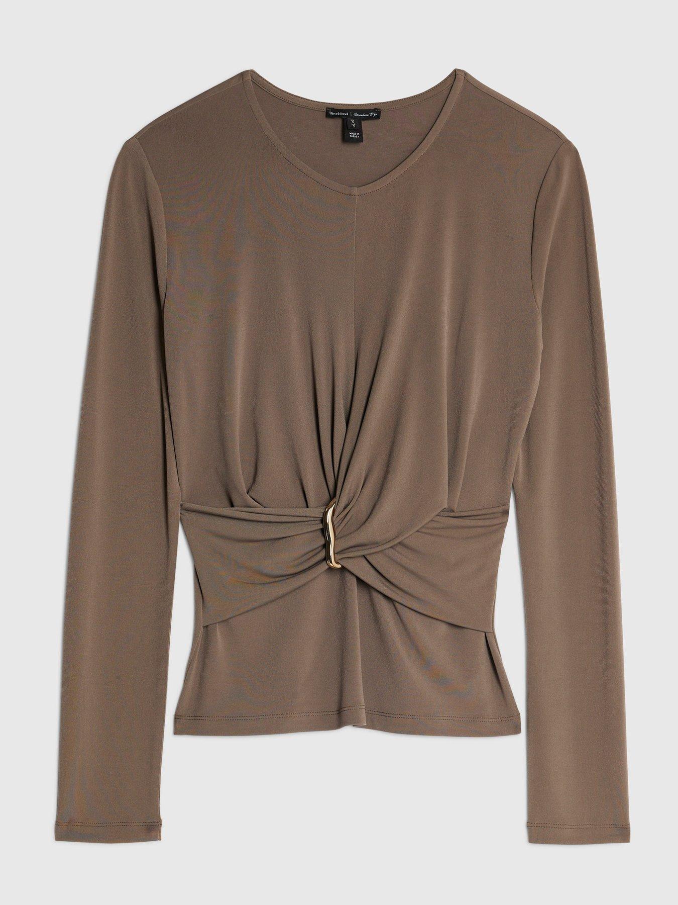 Image 5 of 6 of River Island Long Sleeve Wrap Detail Trim Top - Beige