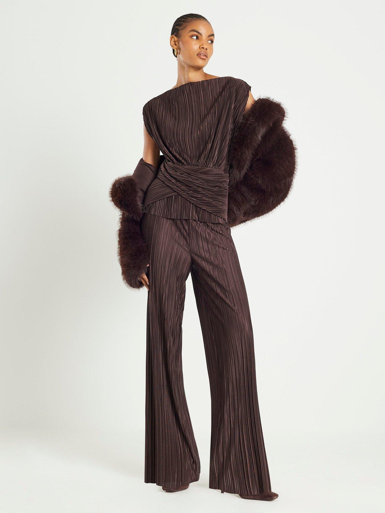 Image 1 of 6 of River Island Plisse Wide Leg Trouser - Brown