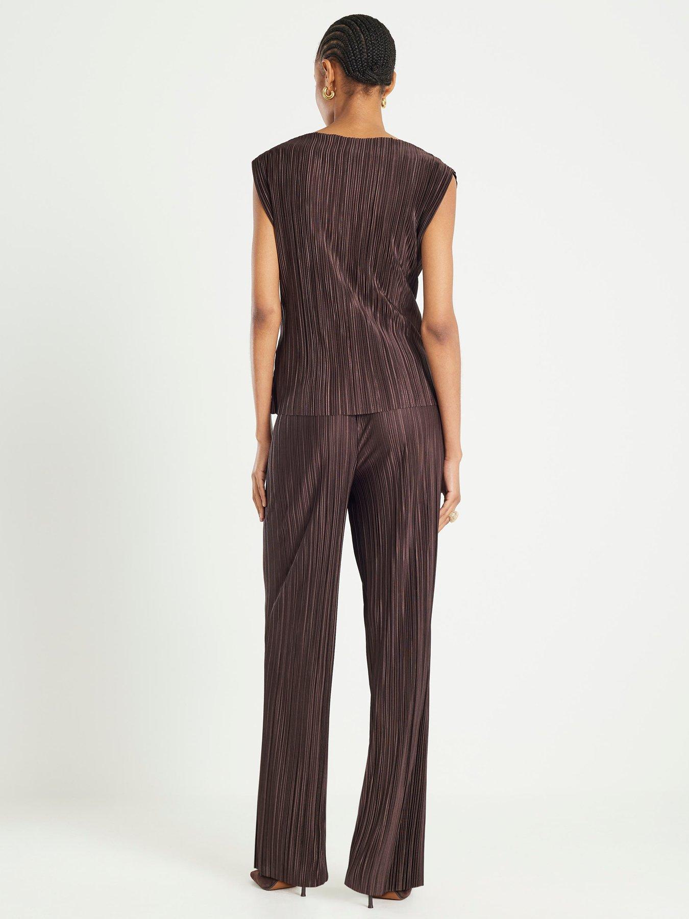 Image 2 of 6 of River Island Plisse Wide Leg Trouser - Brown