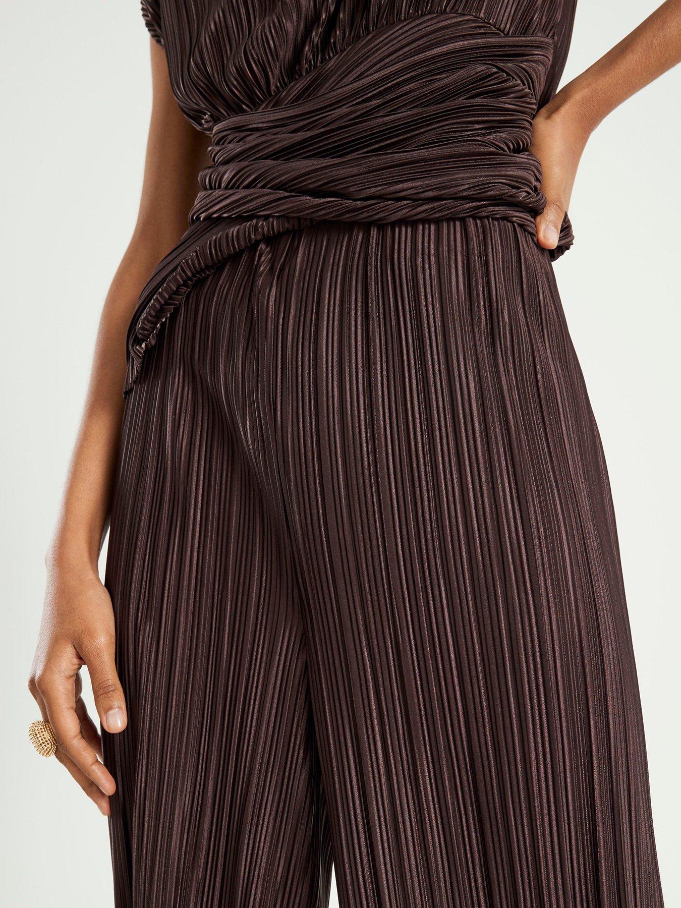Image 4 of 6 of River Island Plisse Wide Leg Trouser - Brown