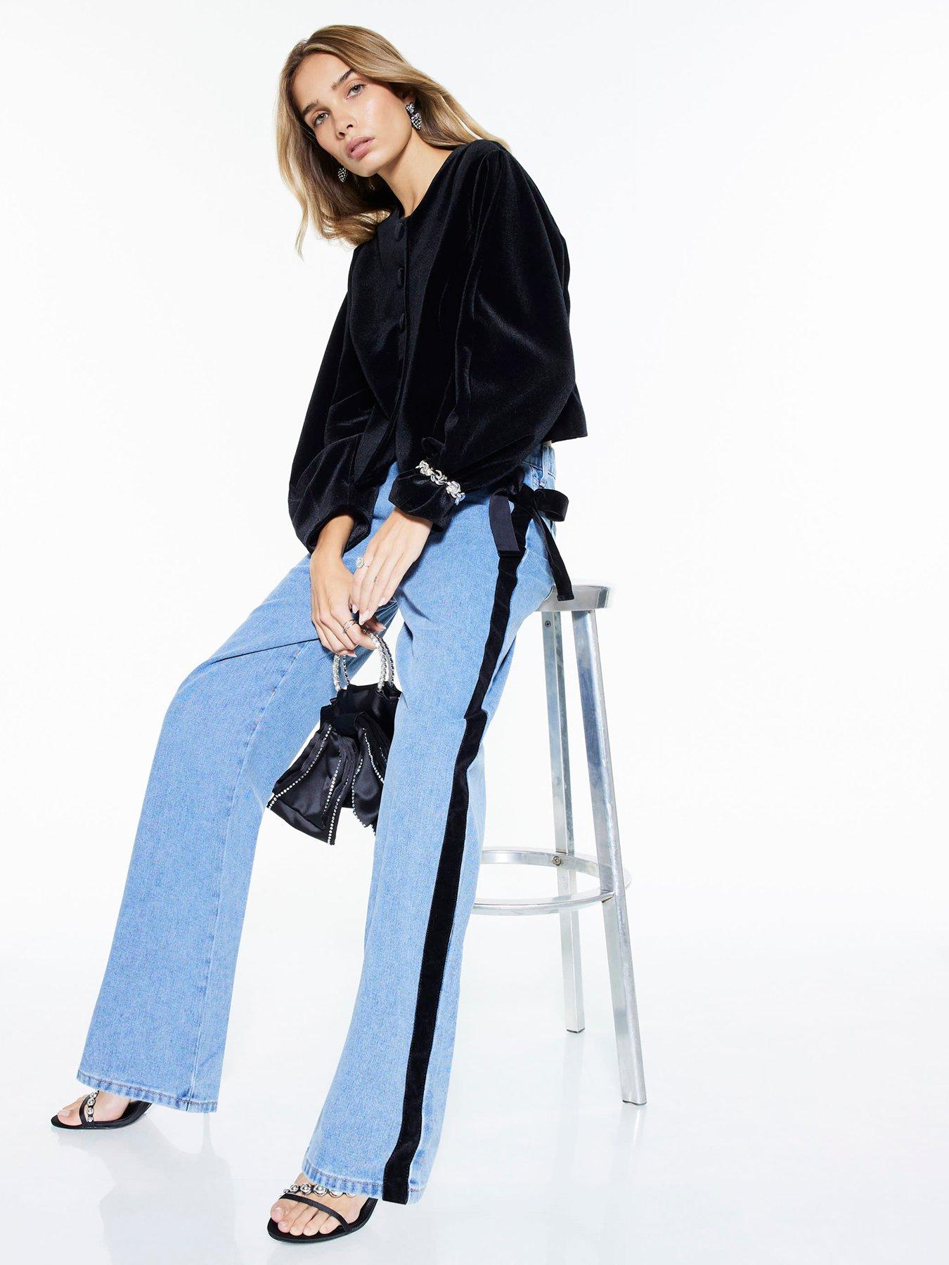 Image 3 of 6 of River Island Velvet Bow Relaxed Straight - Blue