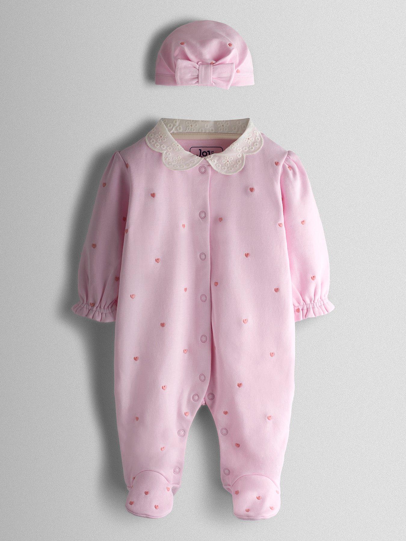 Image 1 of 6 of JoJo Maman Bebe Baby Girls Heart Embroidered Sleepsuit &amp; Turban Set - Pink