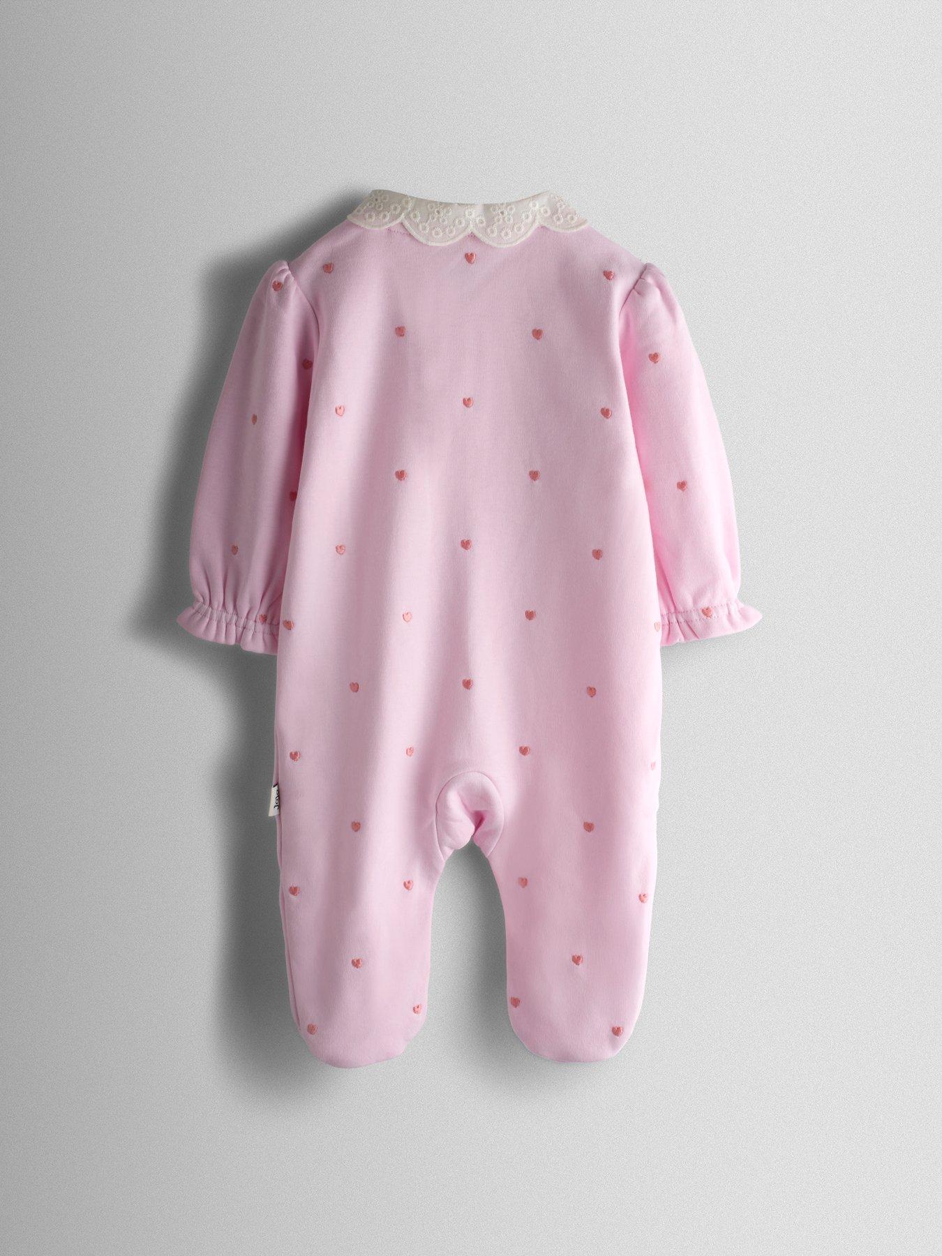 Image 3 of 6 of JoJo Maman Bebe Baby Girls Heart Embroidered Sleepsuit &amp; Turban Set - Pink