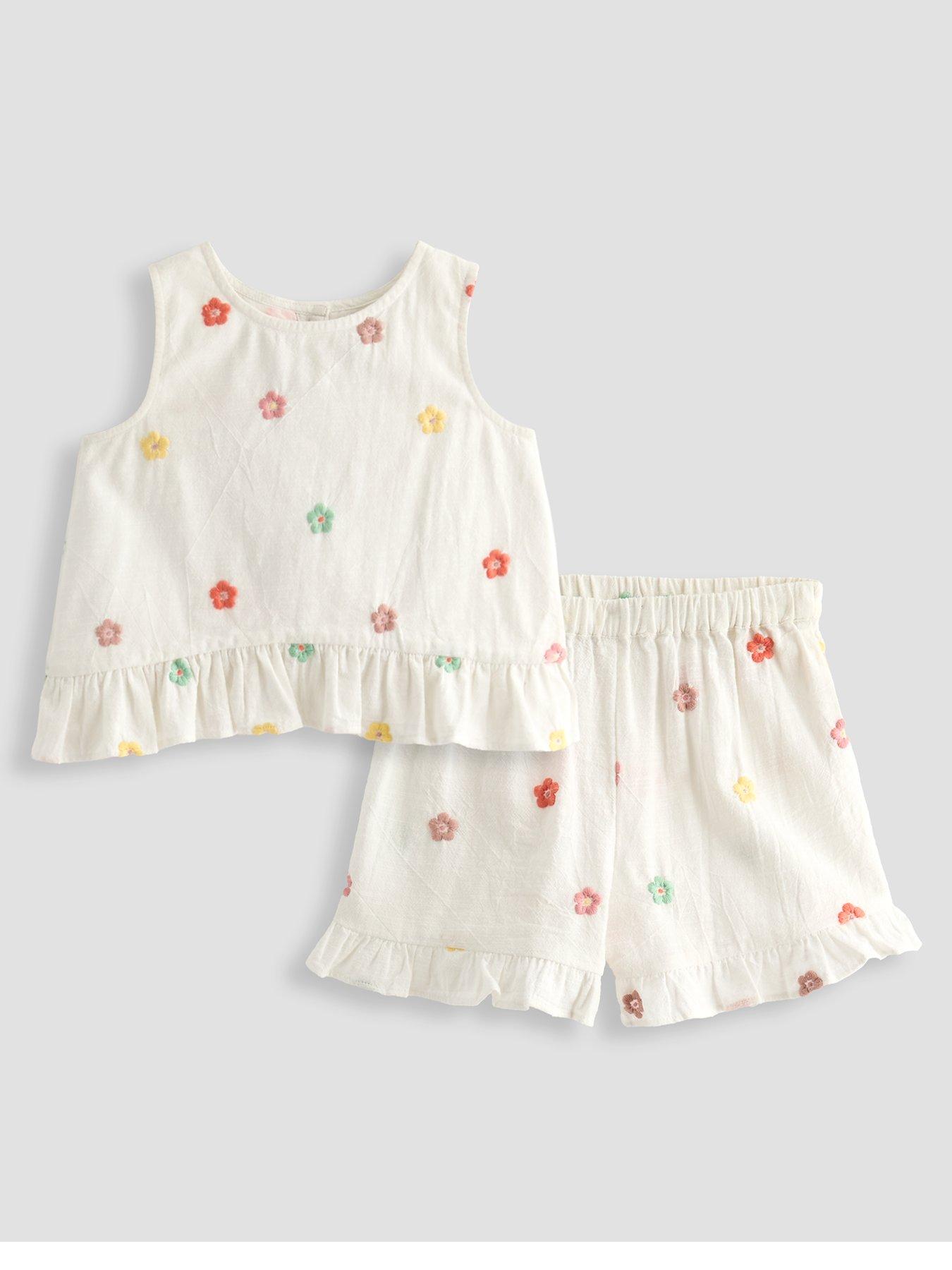 The Very Collection Girls Frill Sleeveless Top And Short Embroidered Flower Outfit - Cream