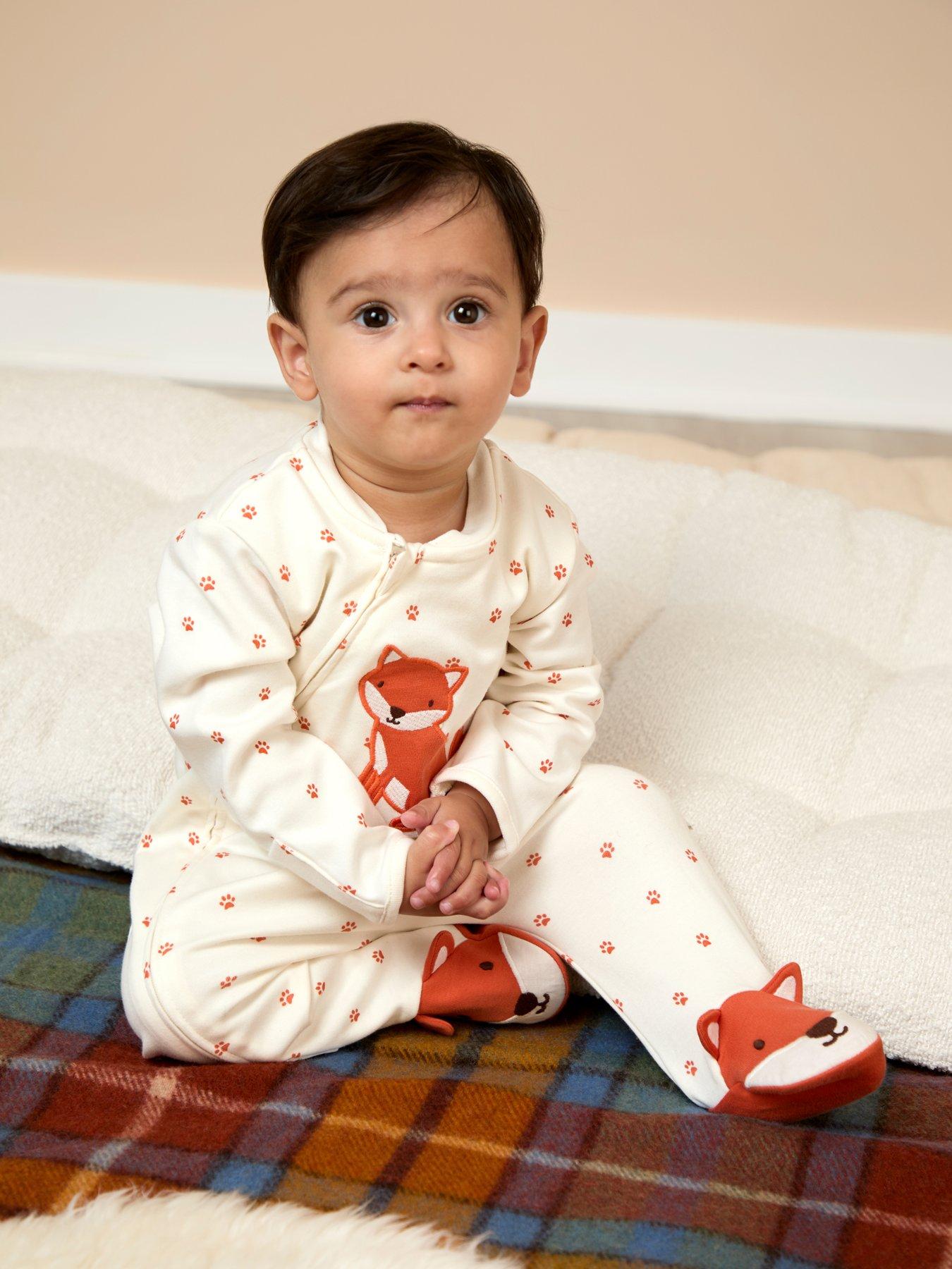 JoJo Maman Bebe Baby Unisex Fox Applique Zip Sleepsuit - Cream