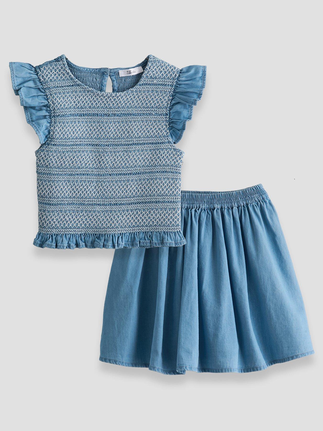 The Very Collection Girls Denim Style Frill Sleeve Top And Skirt Set - Blue