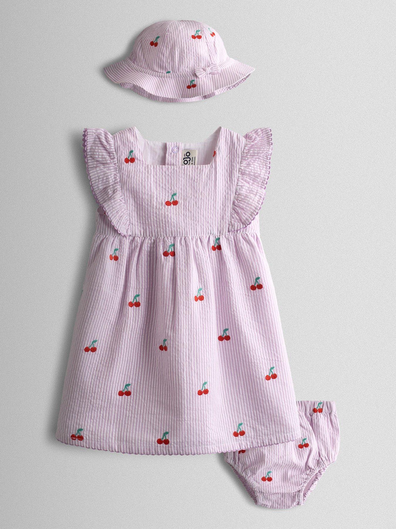 Image 2 of 7 of JoJo Maman Bebe Baby Girls Strawberry Embroidered Stripe Dress And Hat Set - Purple