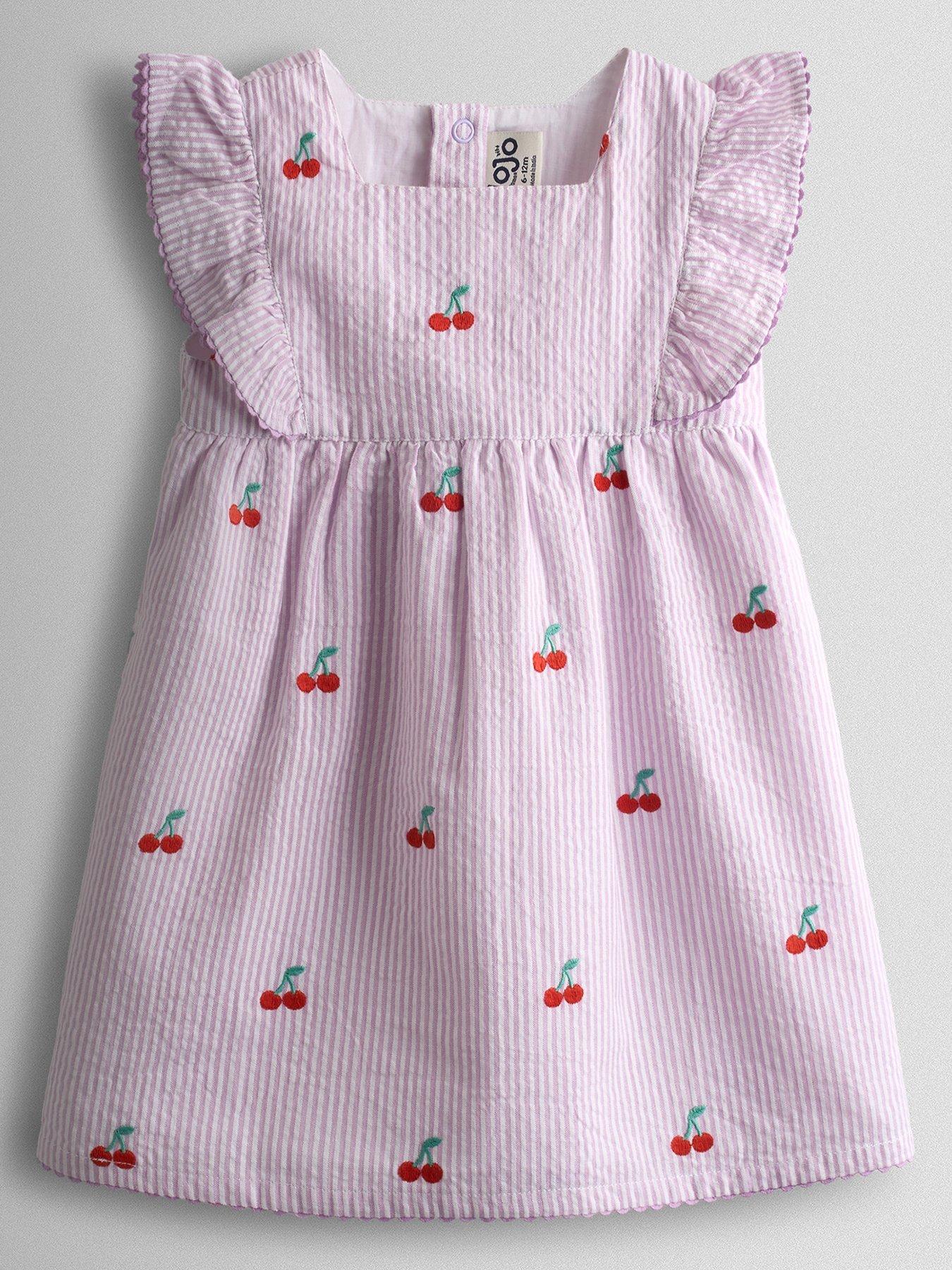 Image 3 of 7 of JoJo Maman Bebe Baby Girls Strawberry Embroidered Stripe Dress And Hat Set - Purple