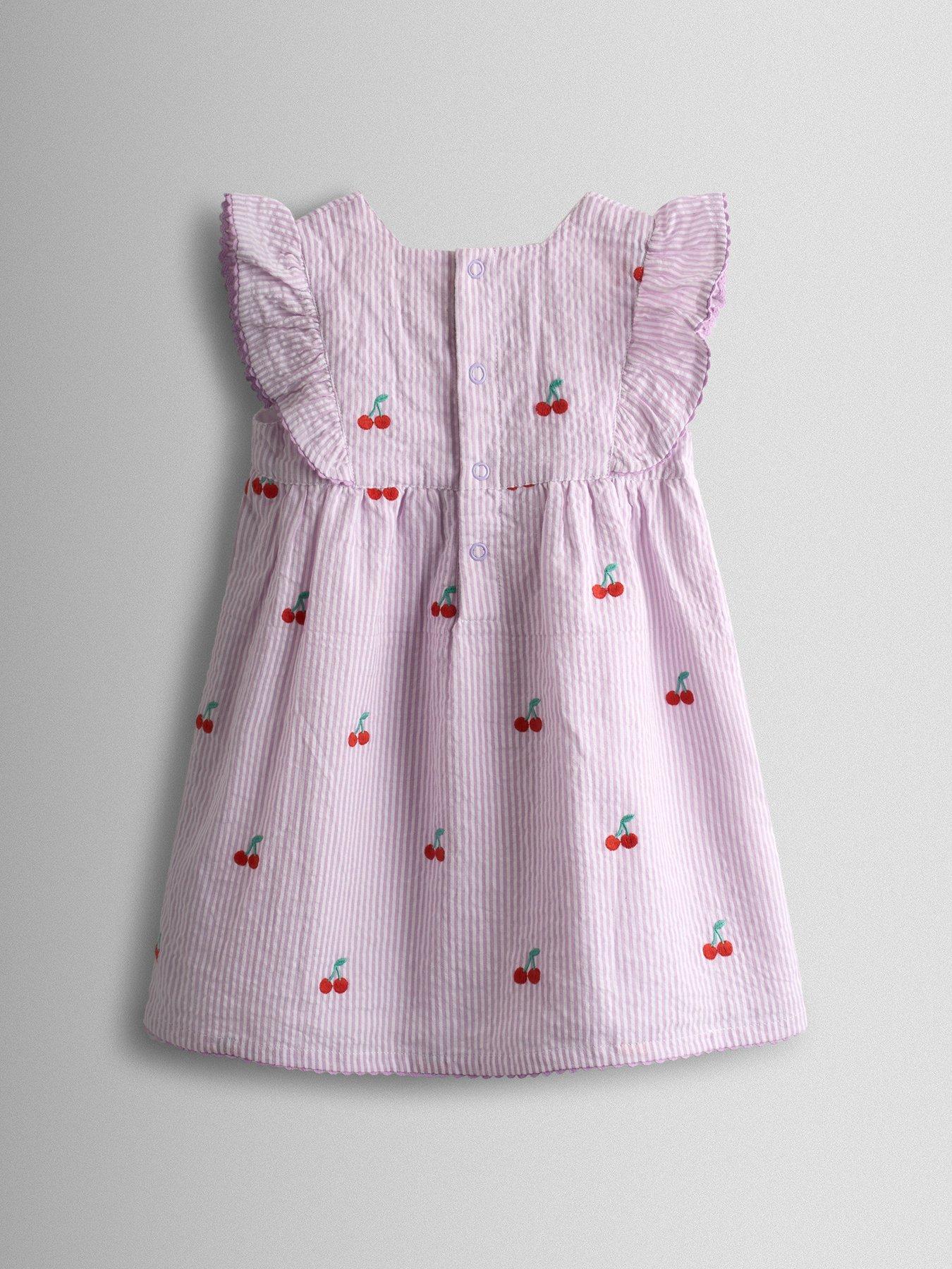 Image 4 of 7 of JoJo Maman Bebe Baby Girls Strawberry Embroidered Stripe Dress And Hat Set - Purple