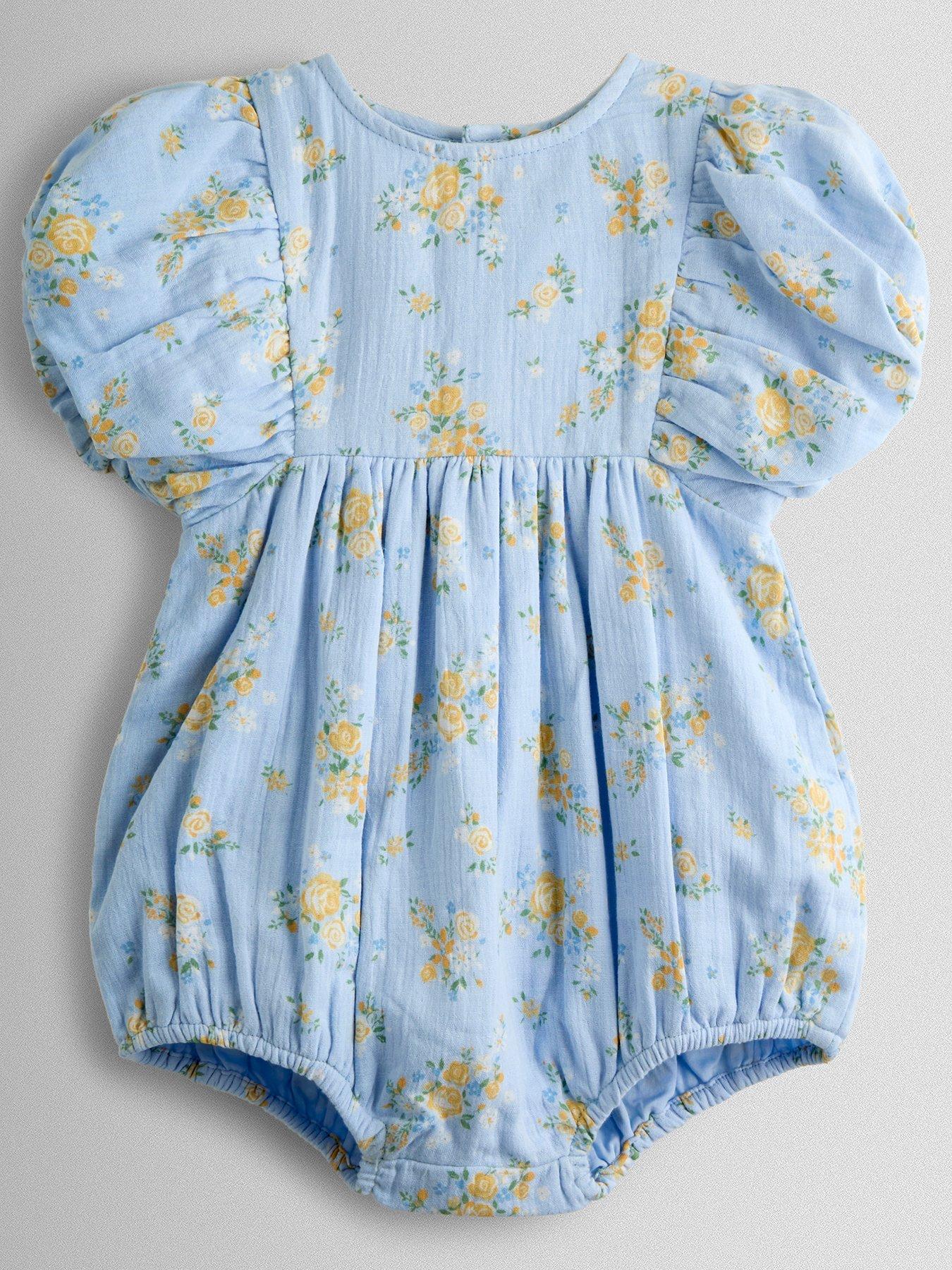 Image 3 of 4 of JoJo Maman Bebe Baby Girls Floral Cheesecloth Romper - Blue