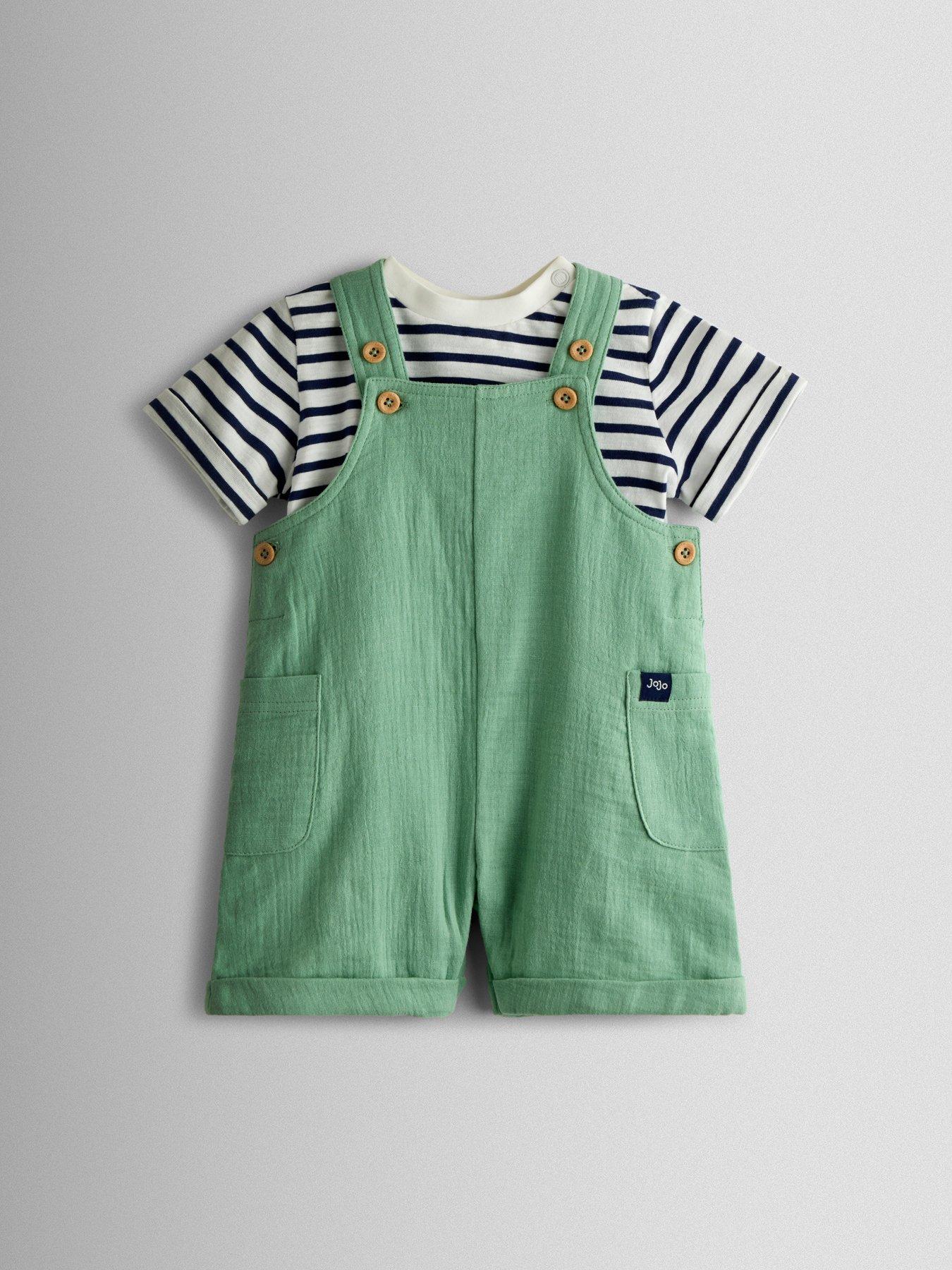 JoJo Maman Bebe Toddler Boys 2 Piece Cheesecloth Dungarees  &  T-Shirt Set - Green