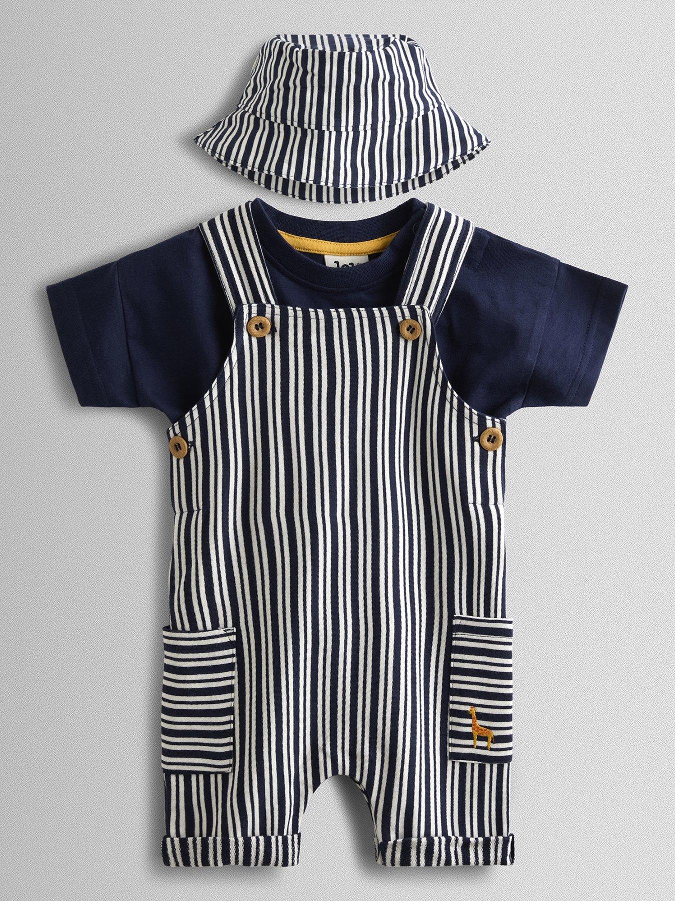 JoJo Maman Bebe Baby Boys 2 Piece Stripe Dungarees  &  T-Shirt Set With Hat - Navy