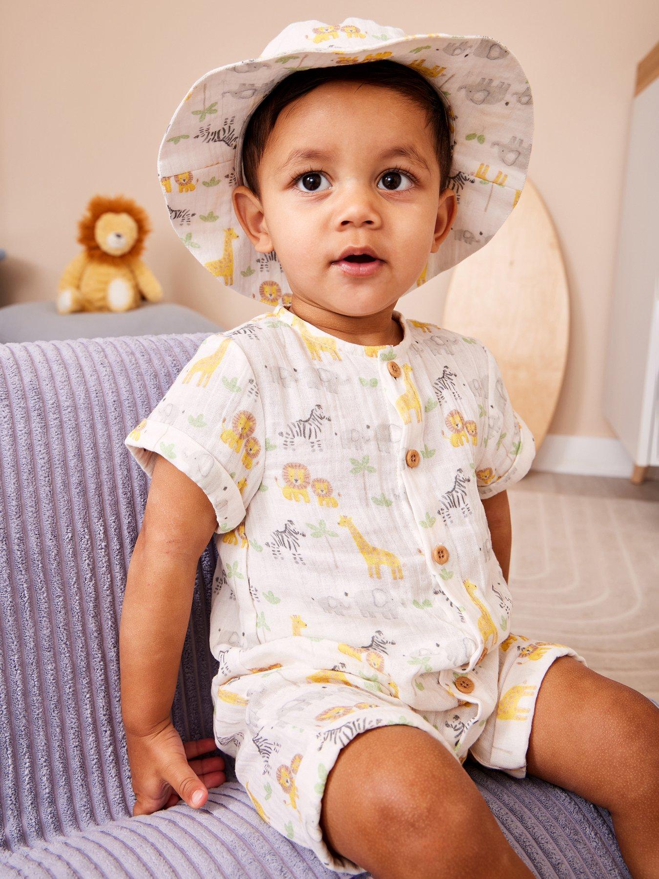 JoJo Maman Bebe Baby Boys Safari Romper  &  Hat Set - Cream