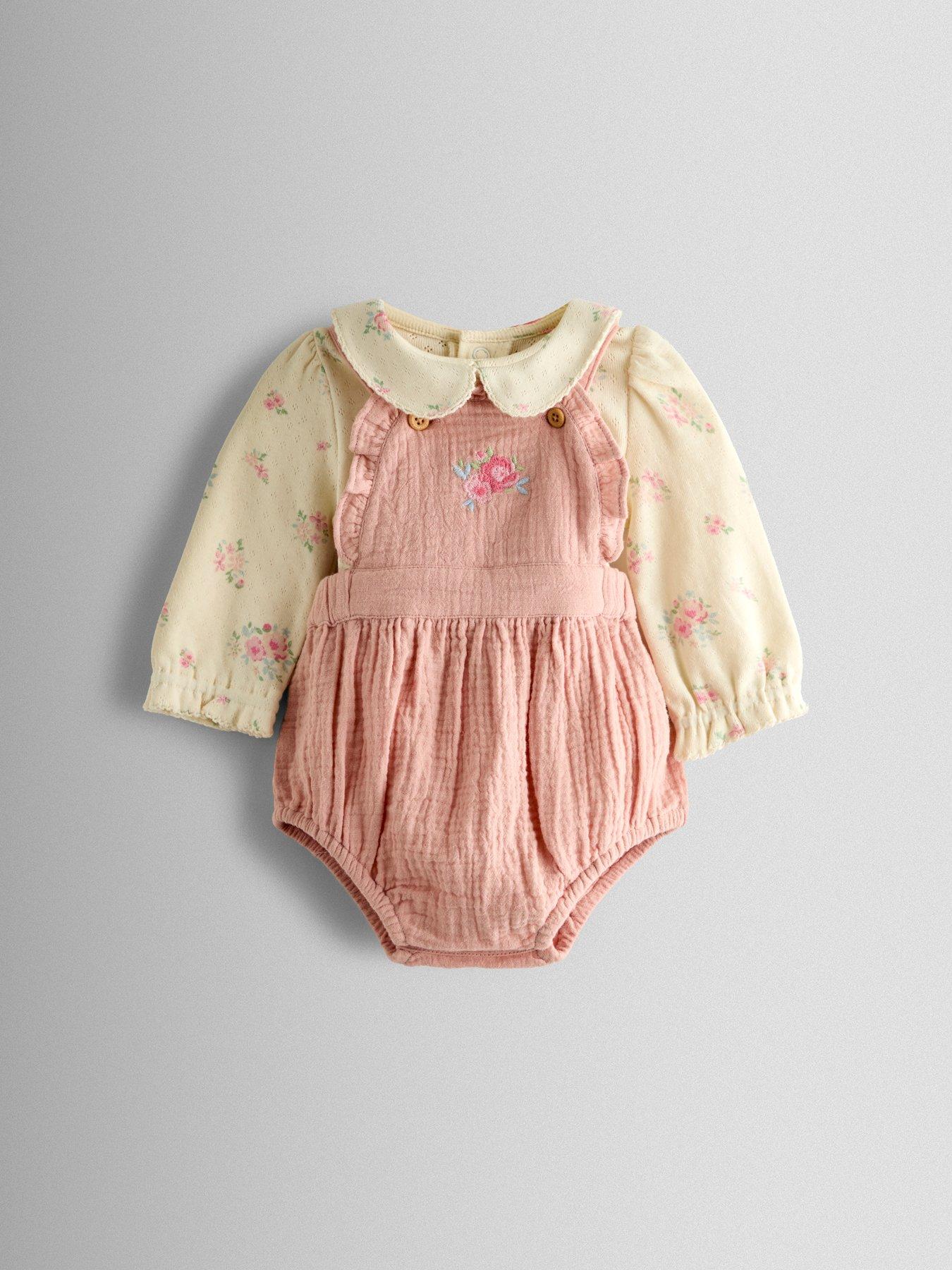JoJo Maman Bebe Baby Girls Rose Bubble Romper  &  Body Set - Pink