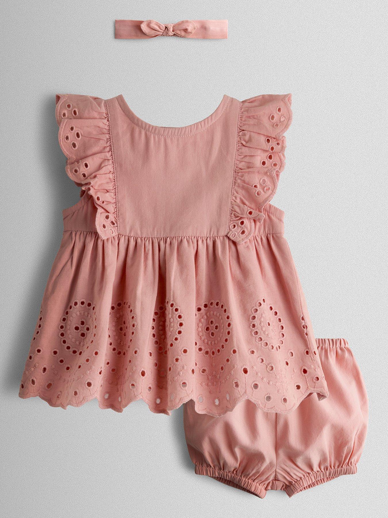 JoJo Maman Bebe Baby Girls Broderie Dress, Bloomers And Headband Set - Pink