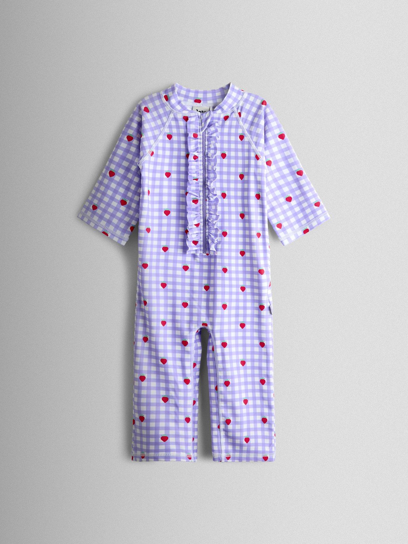 JoJo Maman Bebe Toddler Girls Strawberry Gingham Sun Protection Suit - Light Purple
