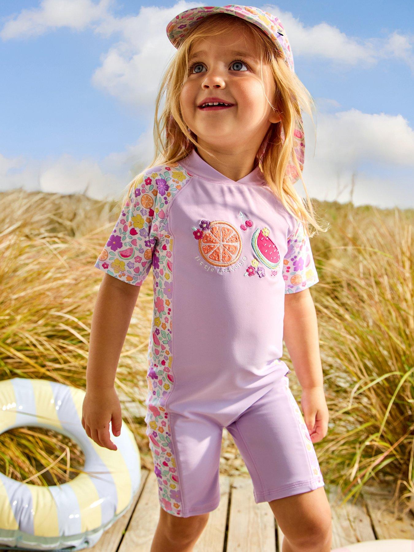 JoJo Maman Bebe Toddler Girls Neon Fruit Applique All In One Sun Protection Suit - Light Pink