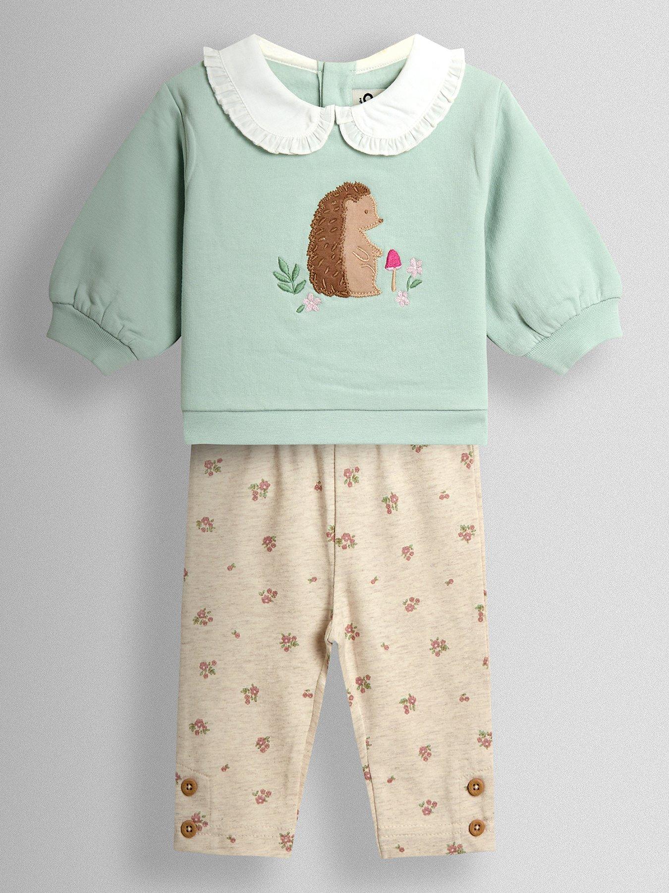 JoJo Maman Bebe Baby Girls Applique Frill Collar Sweatshirt  &  Leggings Set - Green