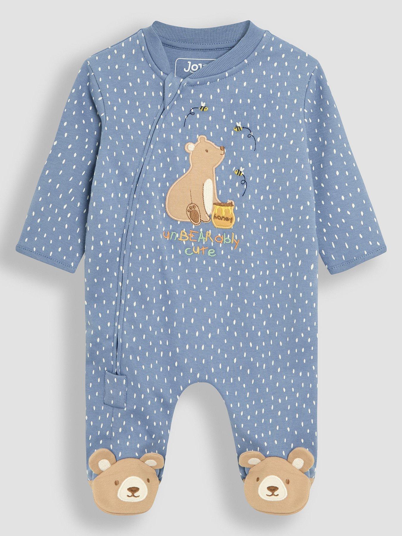 Image 1 of 3 of JoJo Maman Bebe Baby Boys Bear Applique Zip Sleepsuit - Blue