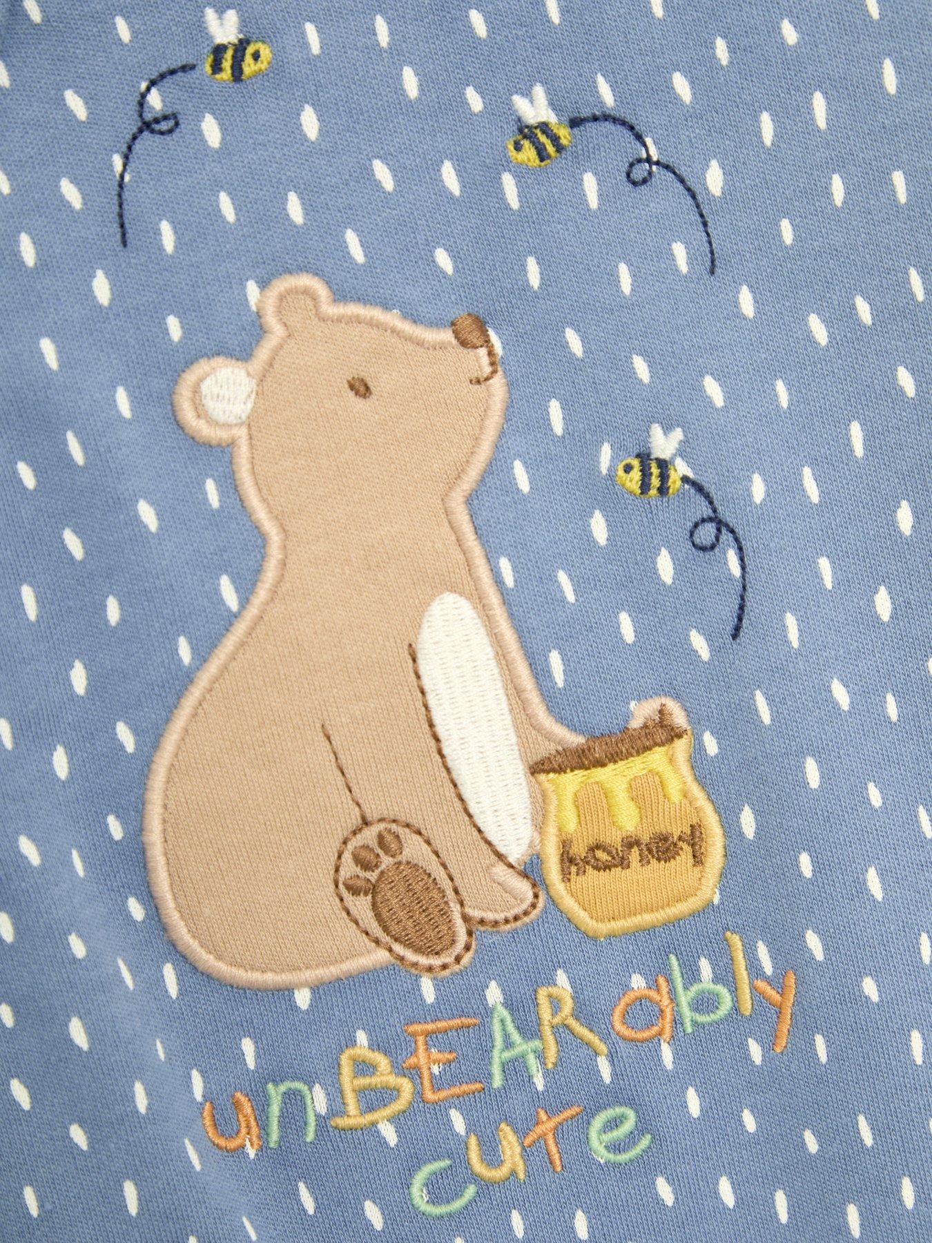 Image 3 of 3 of JoJo Maman Bebe Baby Boys Bear Applique Zip Sleepsuit - Blue