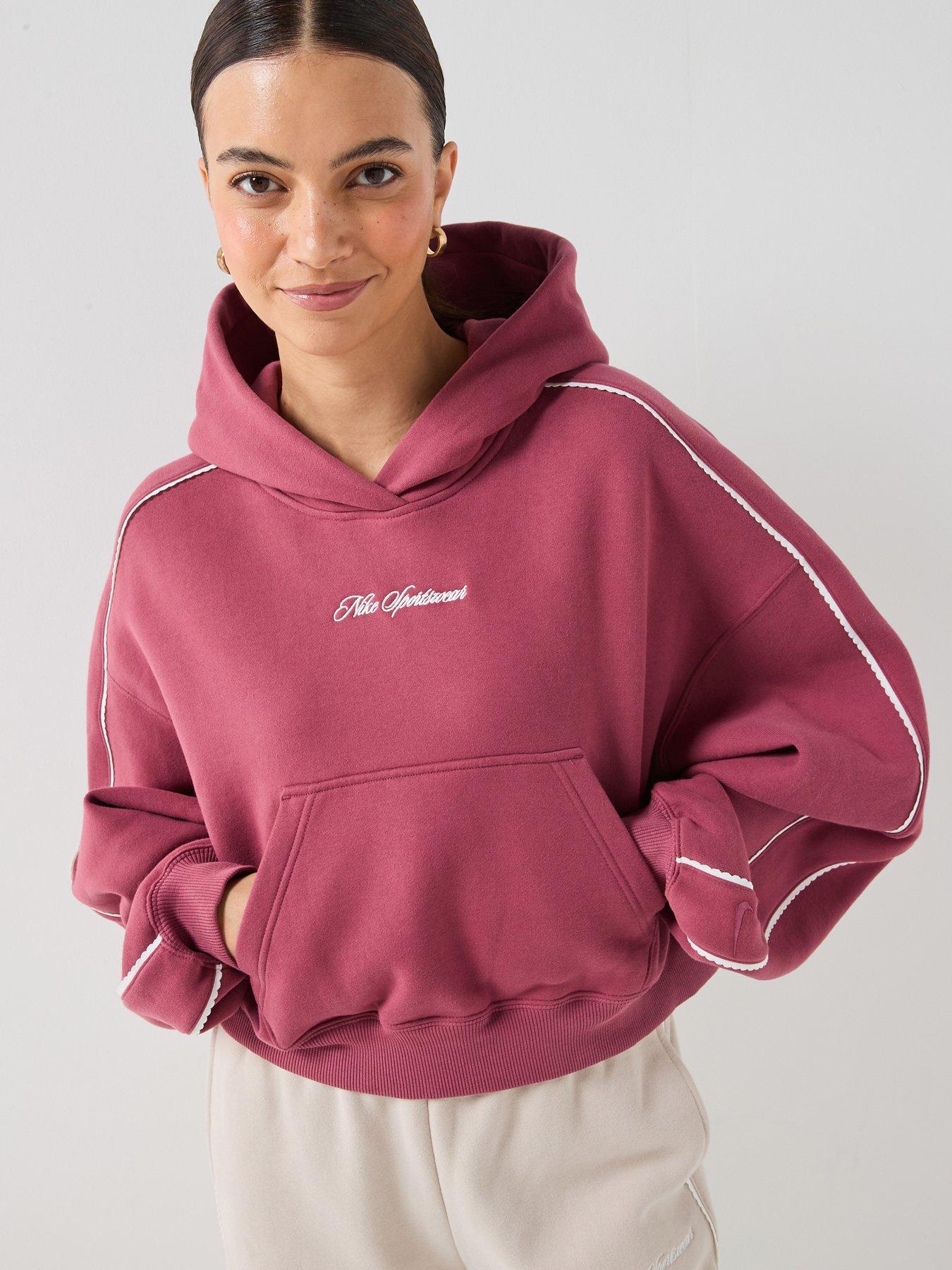 Nike Womens Studio Fleece Scallop Tape Logo Overhead Hoodie - Pink