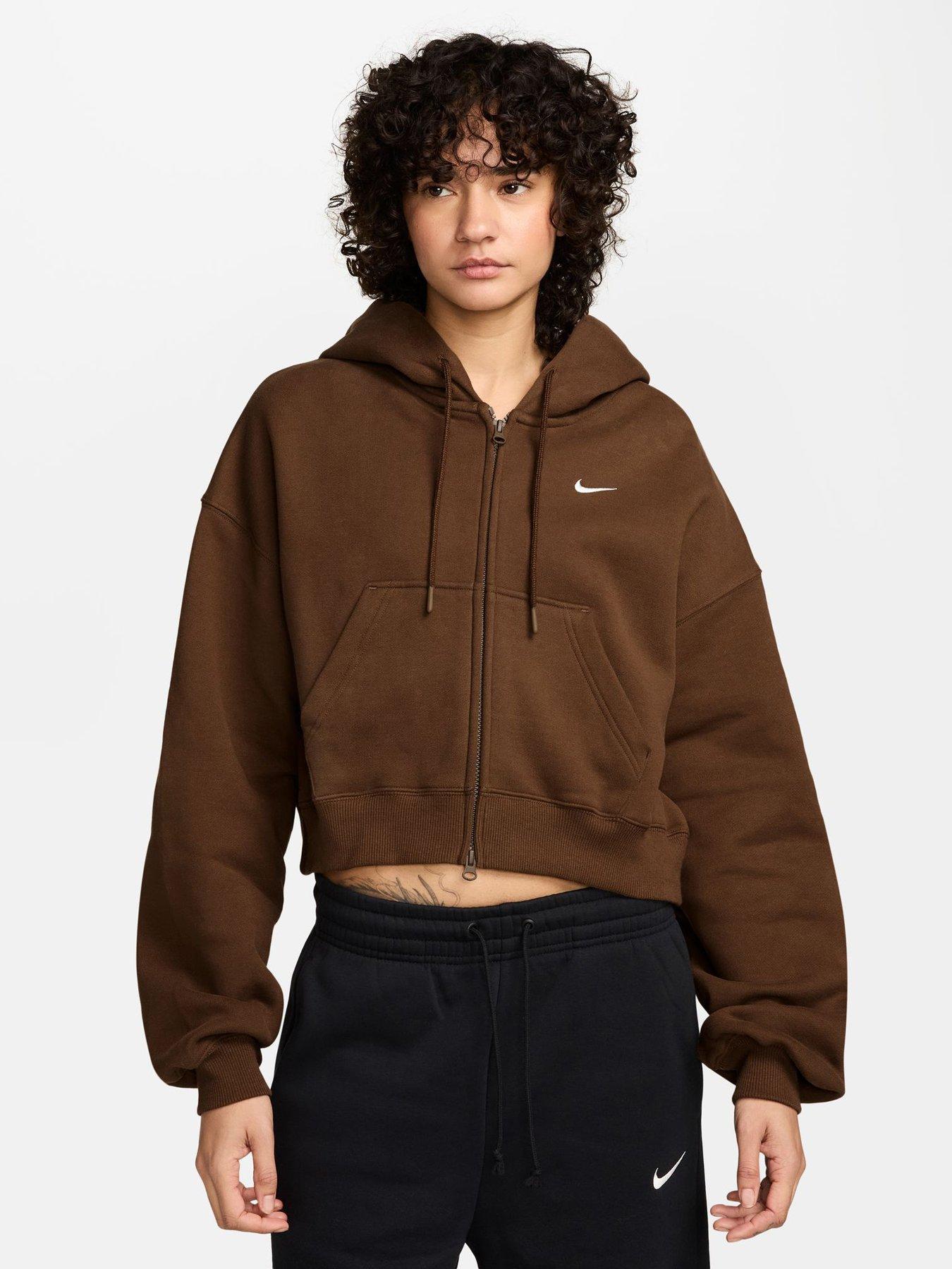 Image 1 of 3 of Nike Womens Studio Fleece Oversized Crop Full Zip Hoodie - Brown