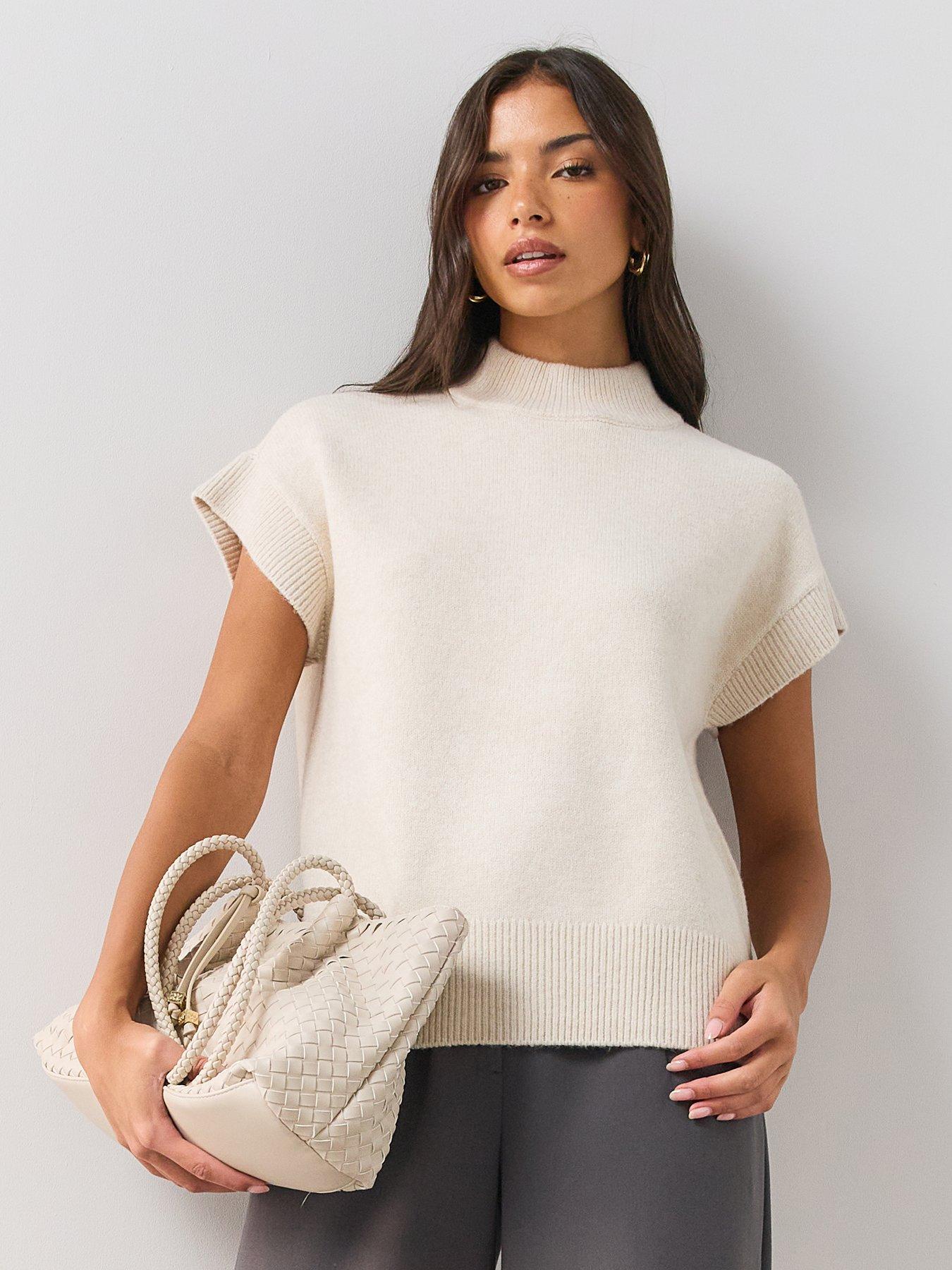 Image 1 of 6 of The Very Collection Womens Style Yarn Funnel Neck Sleeveless Tank With Wool - Cream