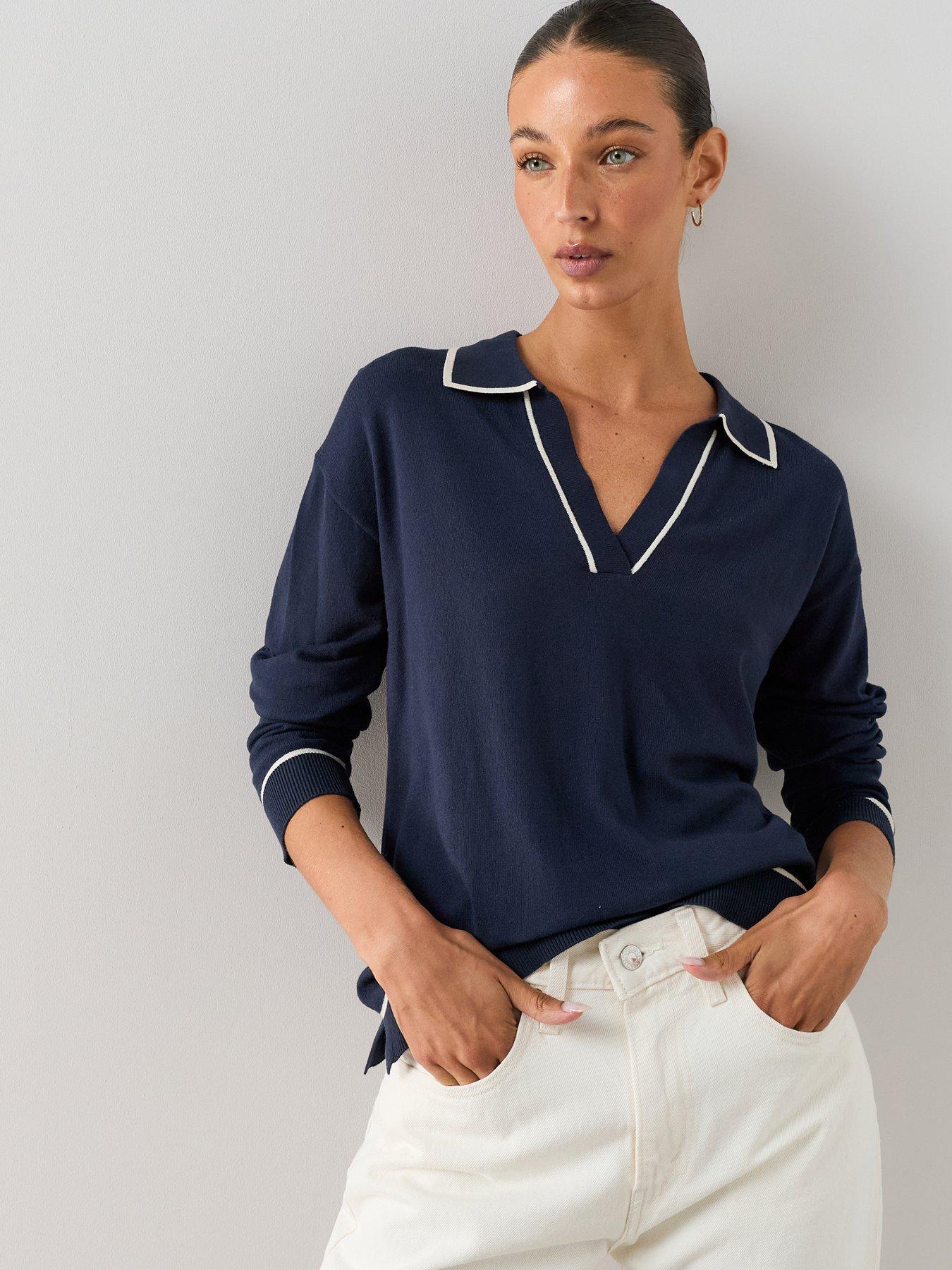The Very Collection Classic Comfort Relaxed Collared Jumper With Tipping - Navy