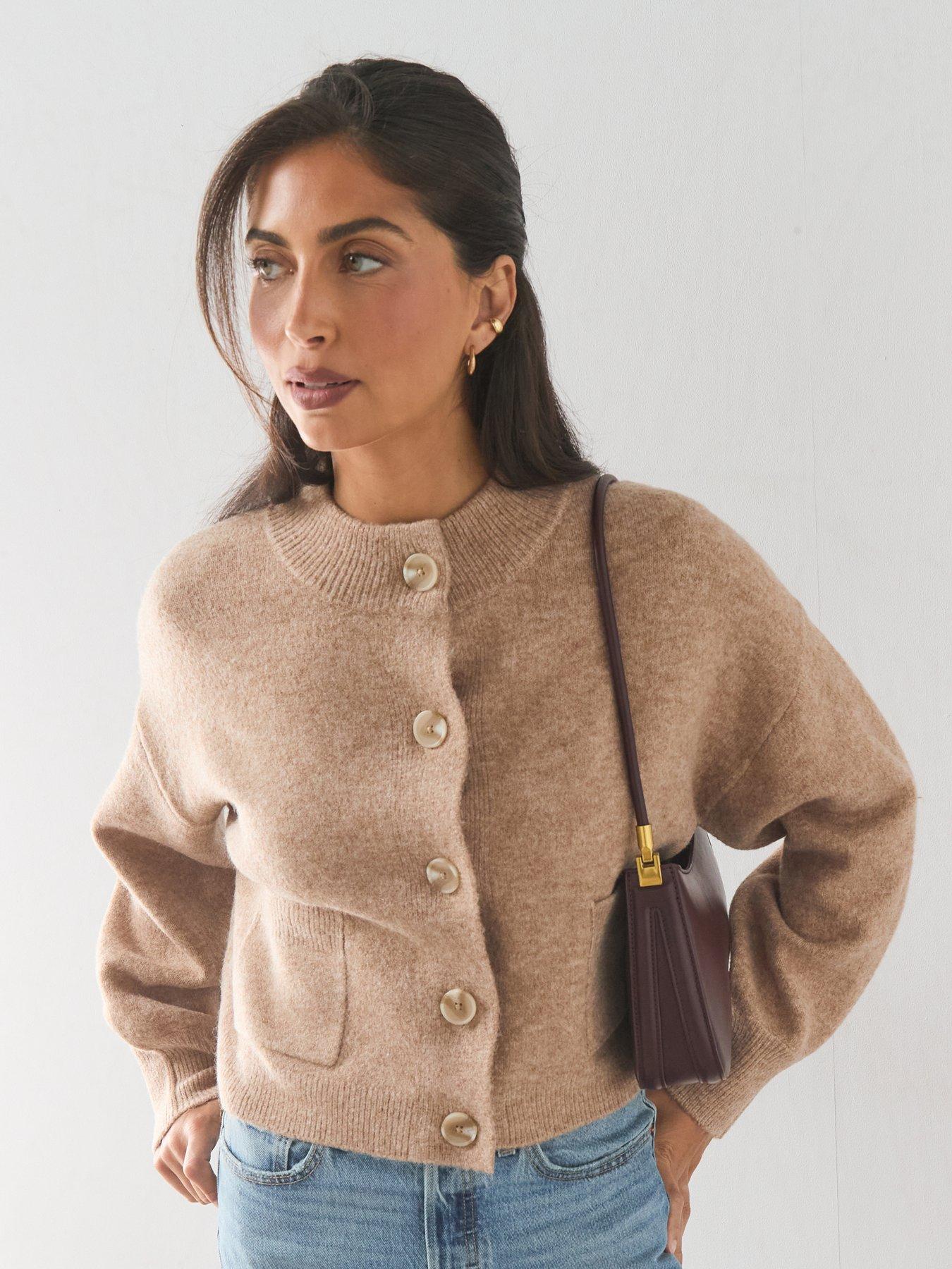 Image 1 of 7 of The Very Collection Style Yarn Crew Neck Cardigan With Wool - Beige