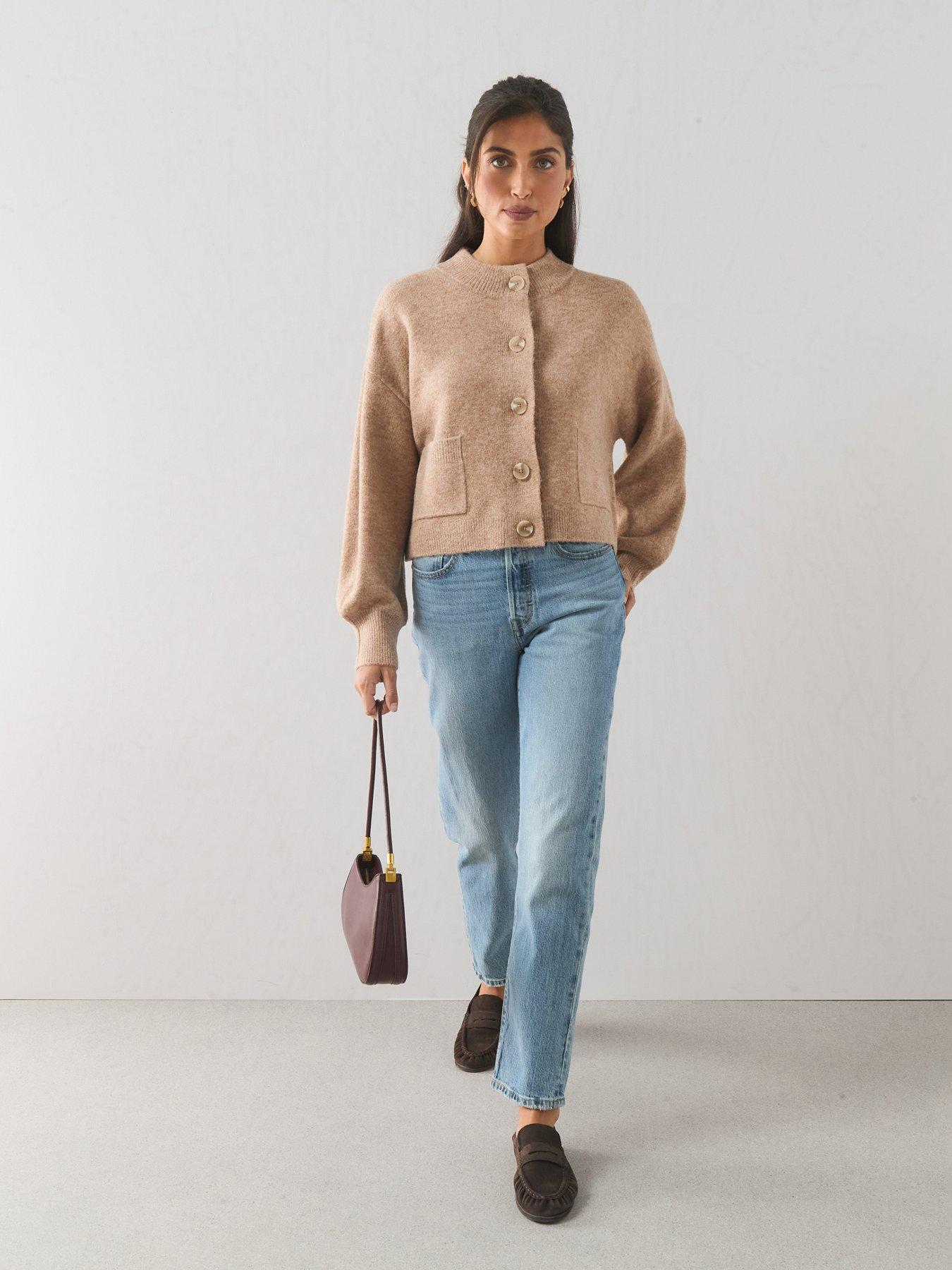 Image 3 of 7 of The Very Collection Style Yarn Crew Neck Cardigan With Wool - Beige