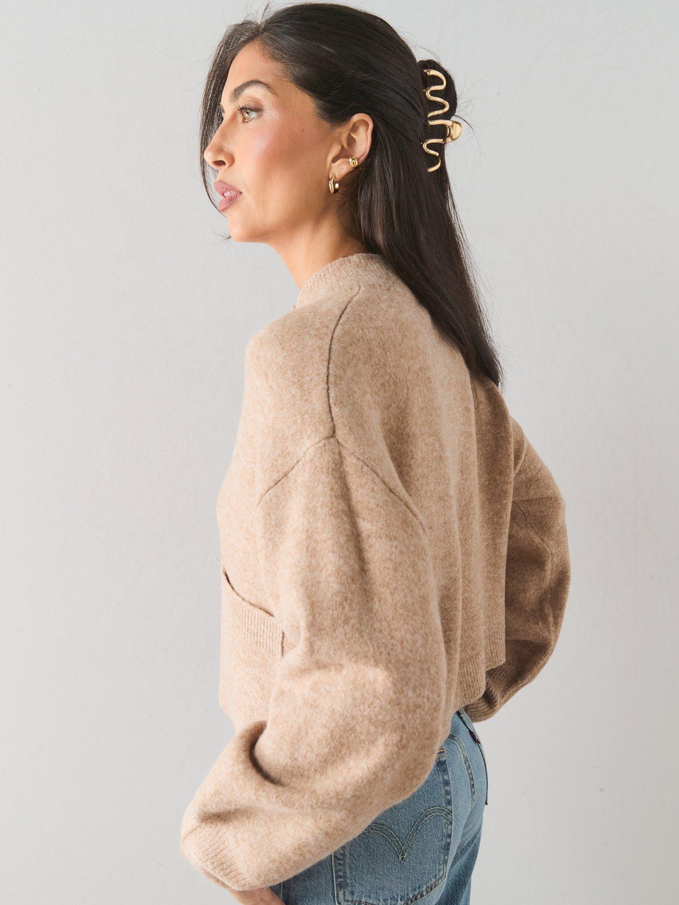 Image 4 of 7 of The Very Collection Style Yarn Crew Neck Cardigan With Wool - Beige