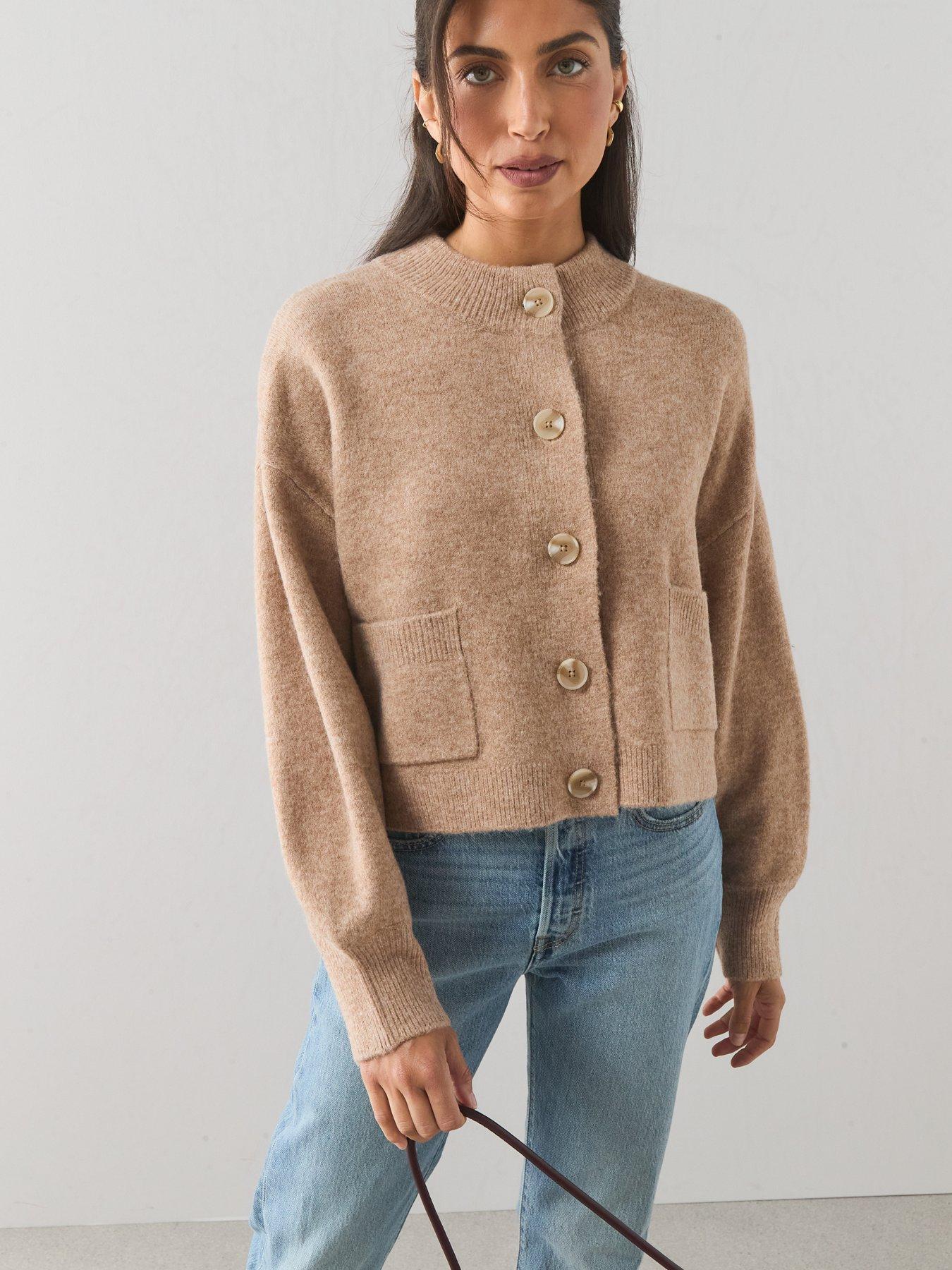 Image 5 of 7 of The Very Collection Style Yarn Crew Neck Cardigan With Wool - Beige