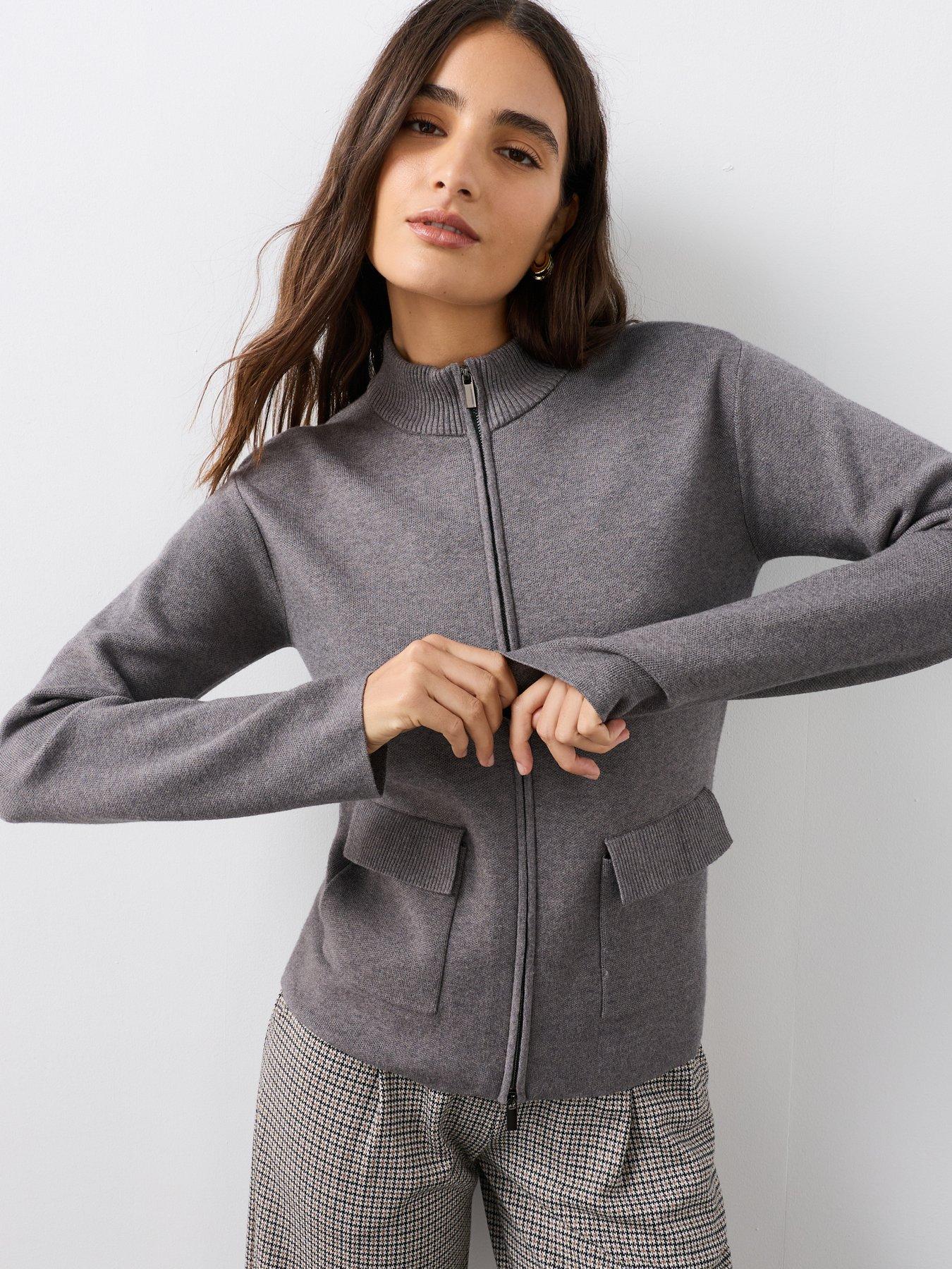 Image 1 of 7 of The Very Collection Funnel Neck Zip Through Knitted Jacket - Grey