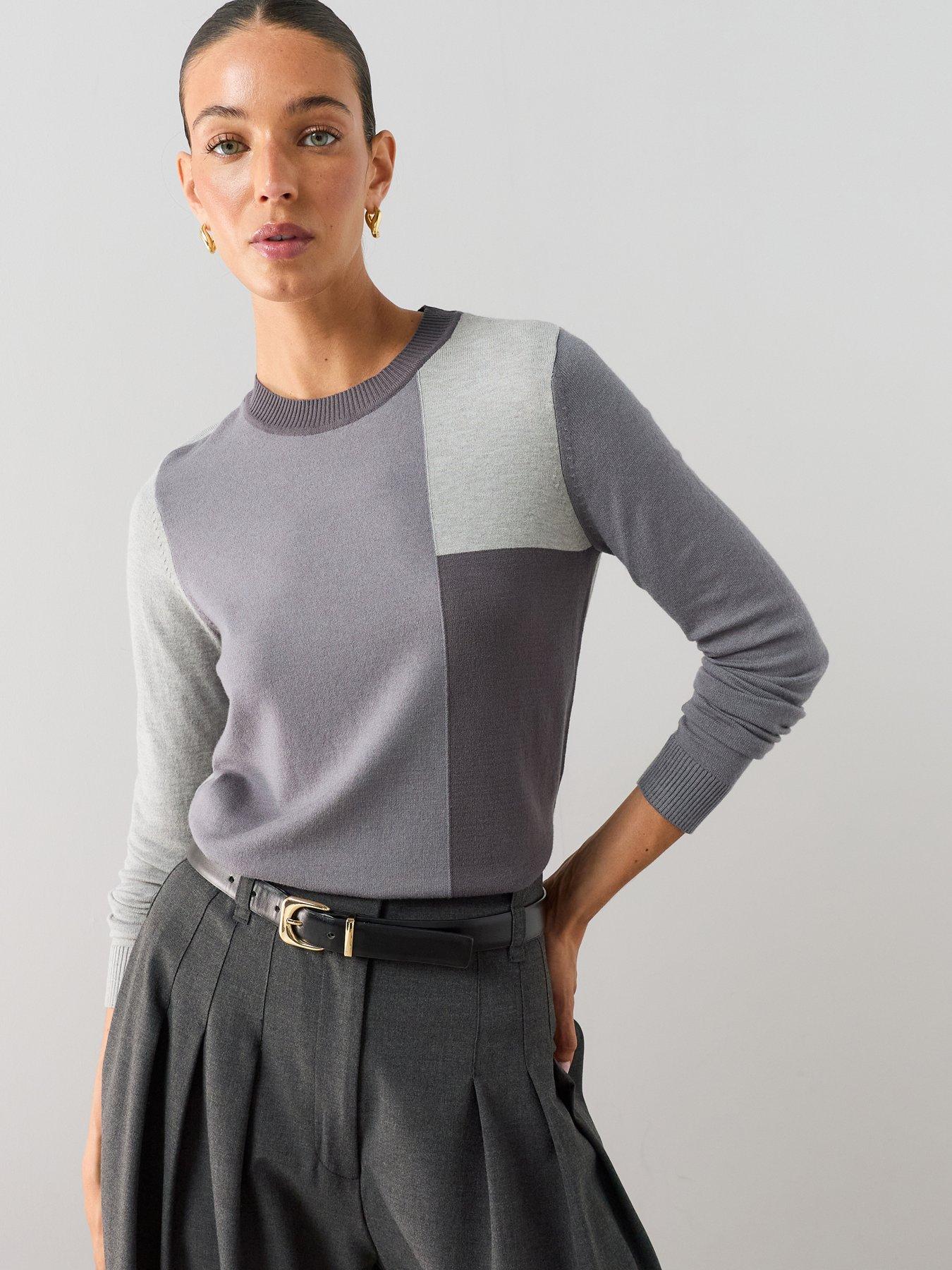 Image 1 of 7 of The Very Collection Classic Comfort Crew Neck Colour Block Jumper - Light Grey