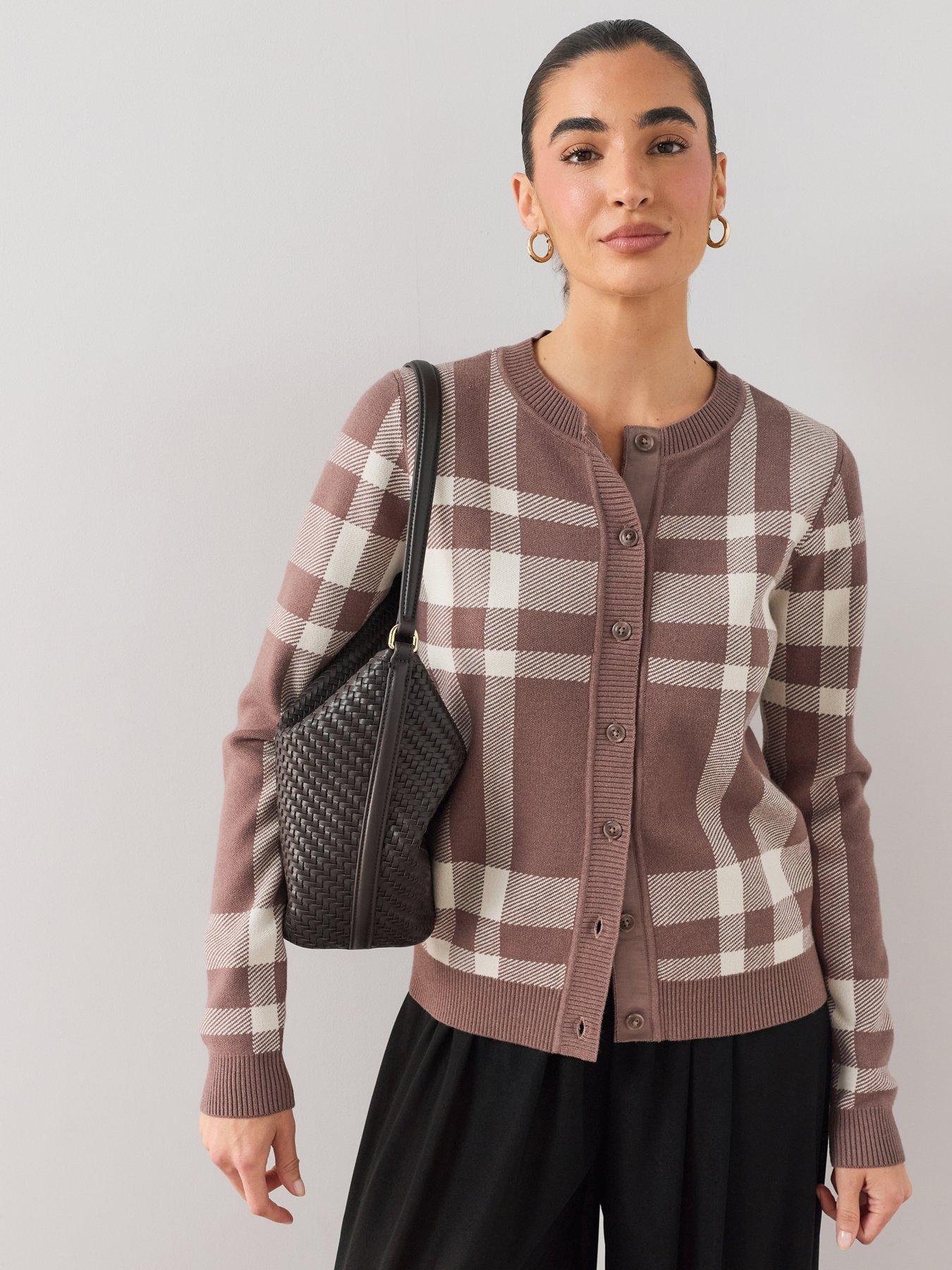 Image 1 of 7 of The Very Collection Classic Comfort Crew Neck Checked Cardigan - Brown