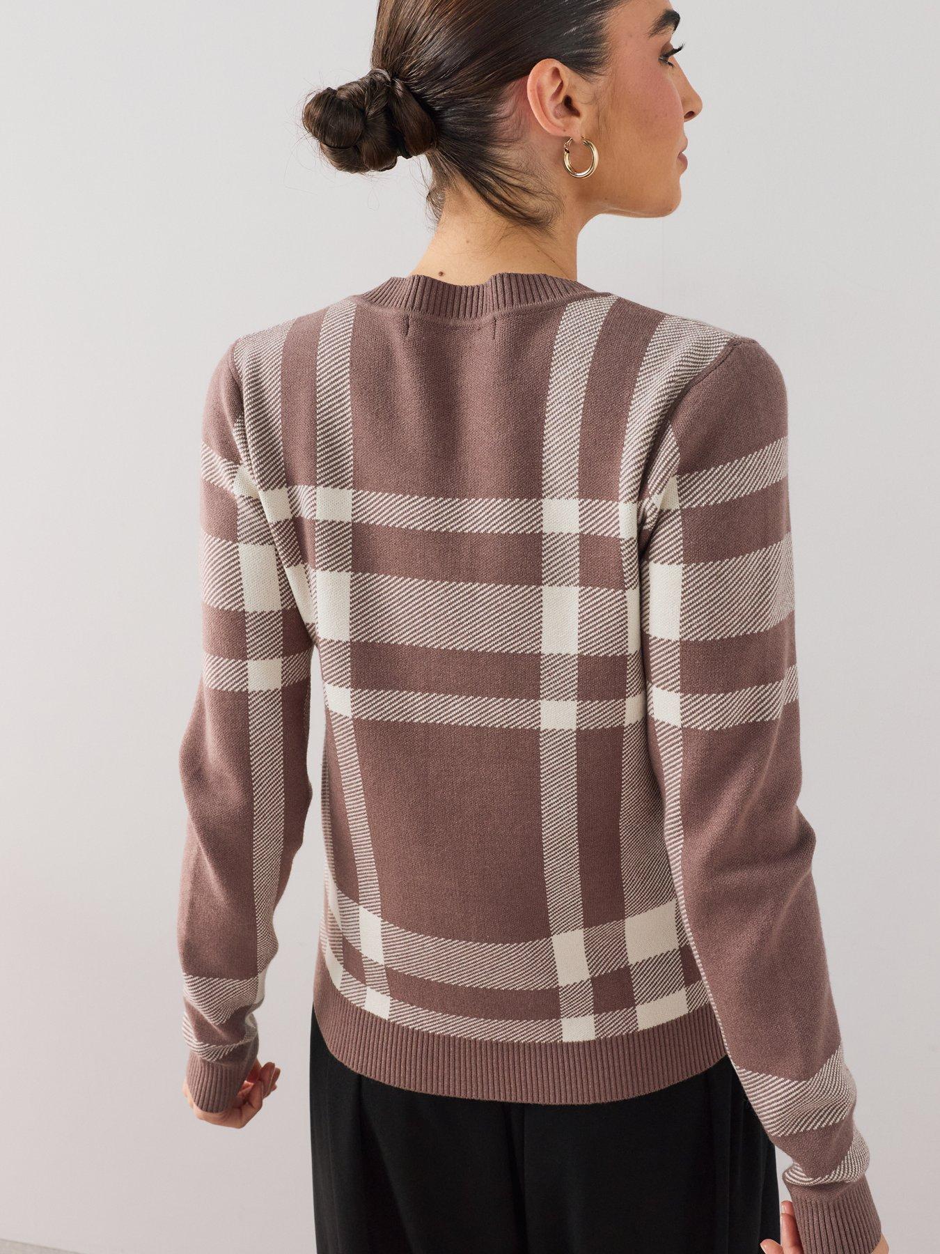 Image 2 of 7 of The Very Collection Classic Comfort Crew Neck Checked Cardigan - Brown