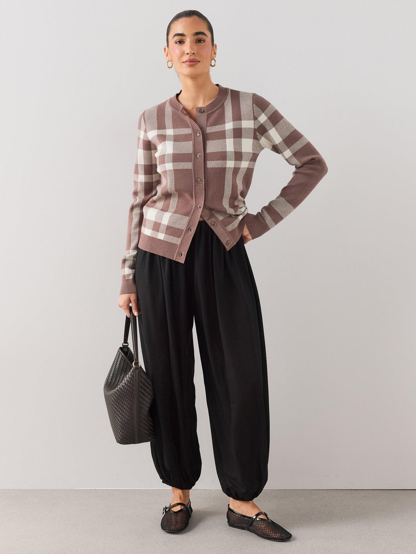 Image 3 of 7 of The Very Collection Classic Comfort Crew Neck Checked Cardigan - Brown