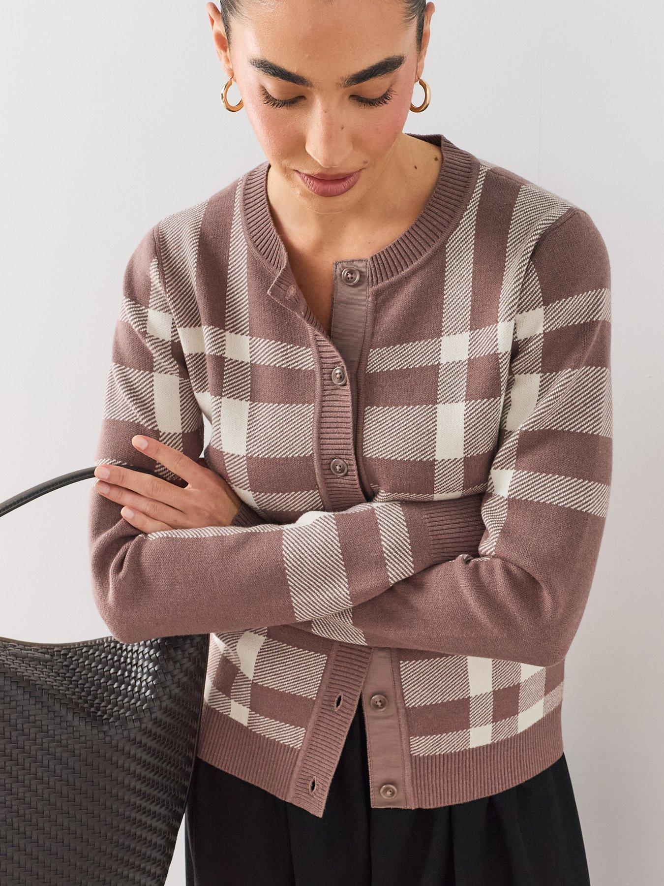 Image 4 of 7 of The Very Collection Classic Comfort Crew Neck Checked Cardigan - Brown
